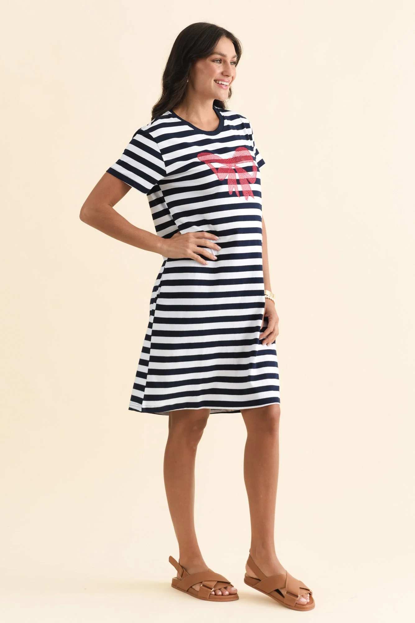 Aya Navy Stripe Bow Cotton Dress - Image 4