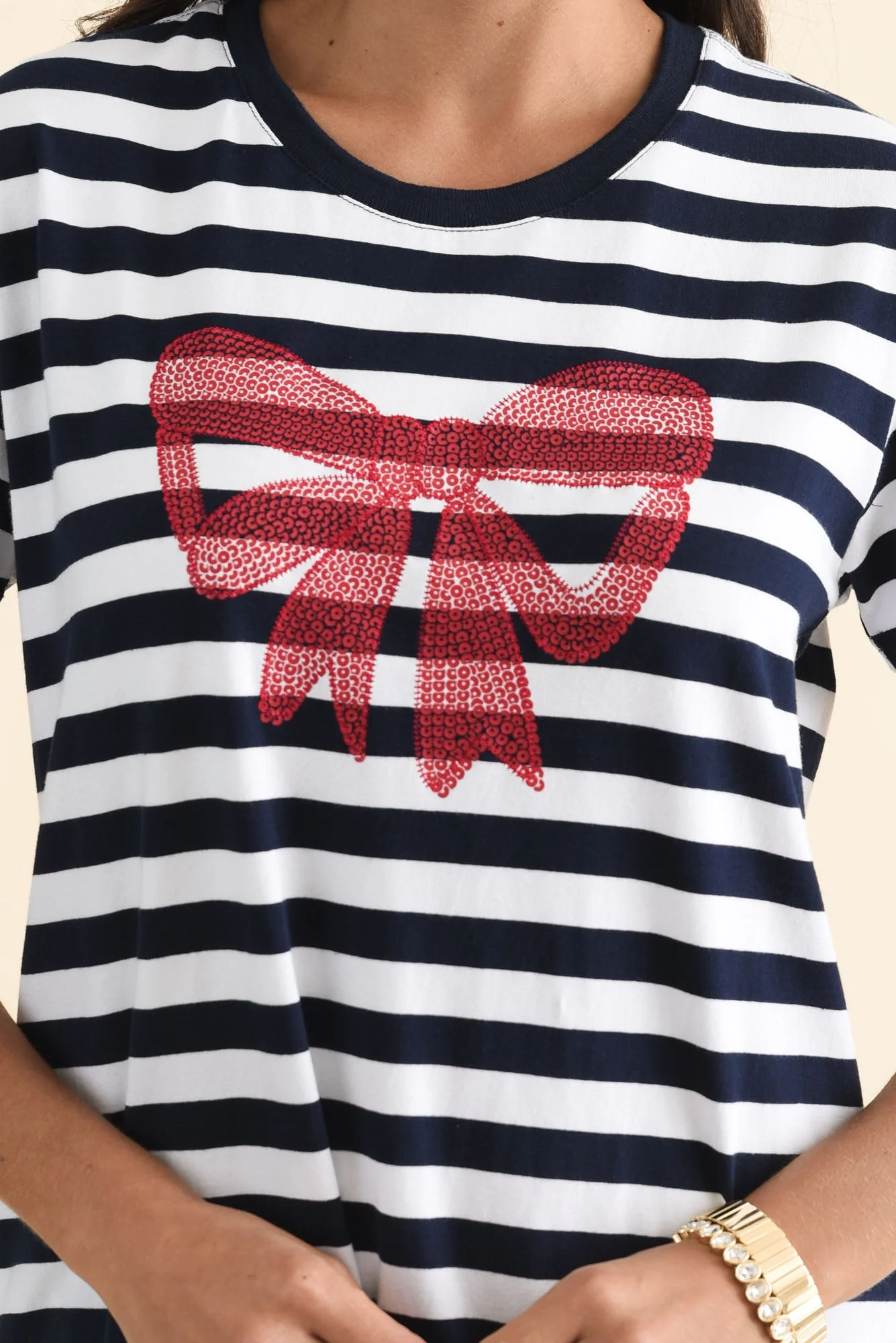Aya Navy Stripe Bow Cotton Dress - Image 6