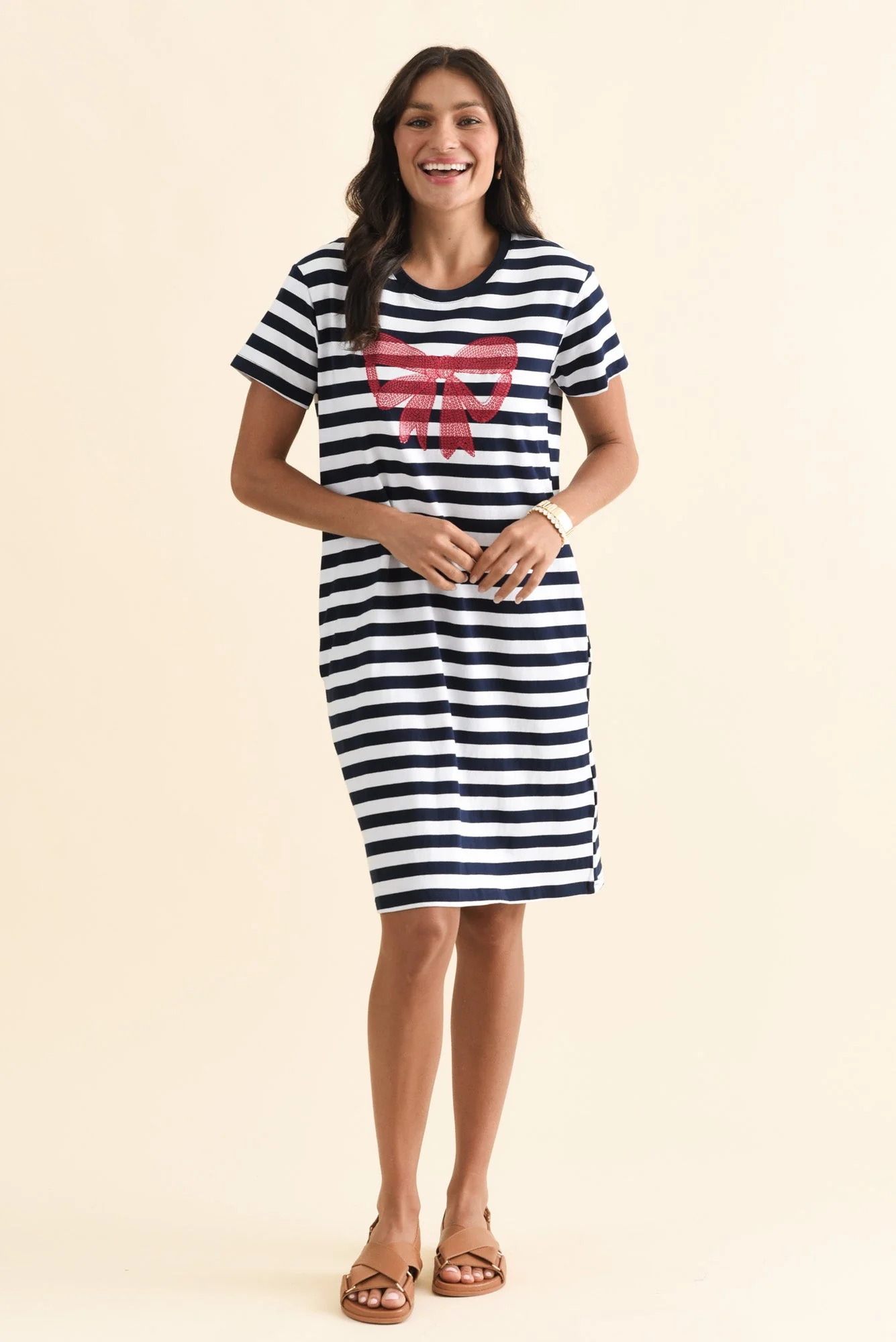 Aya Navy Stripe Bow Cotton Dress - Image 7