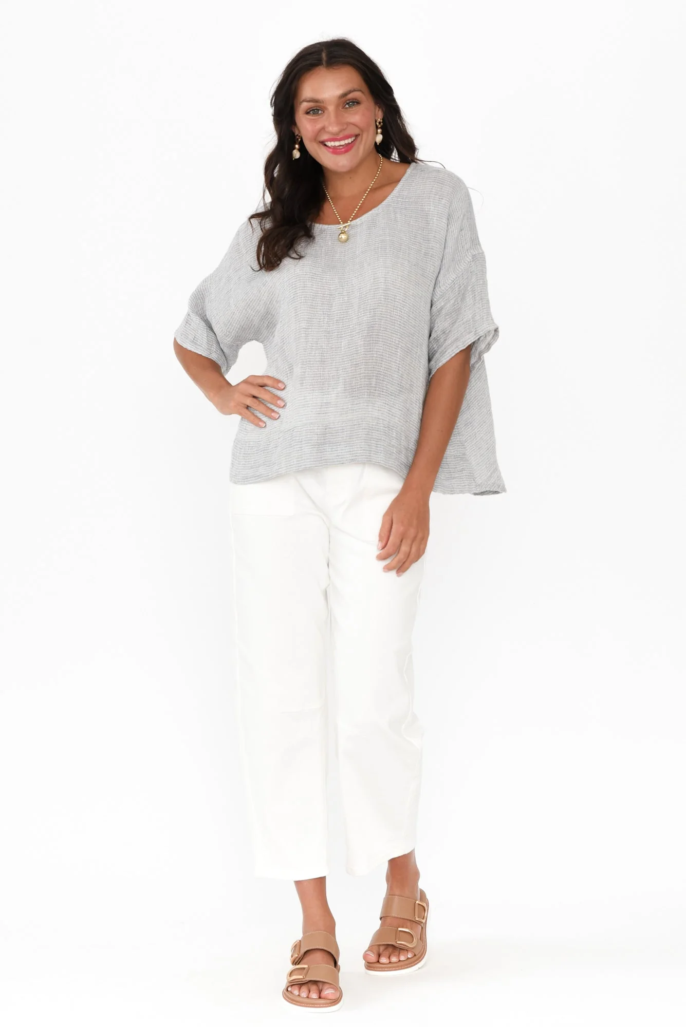 Barbara Light Blue Stripe Linen Top - Image 2
