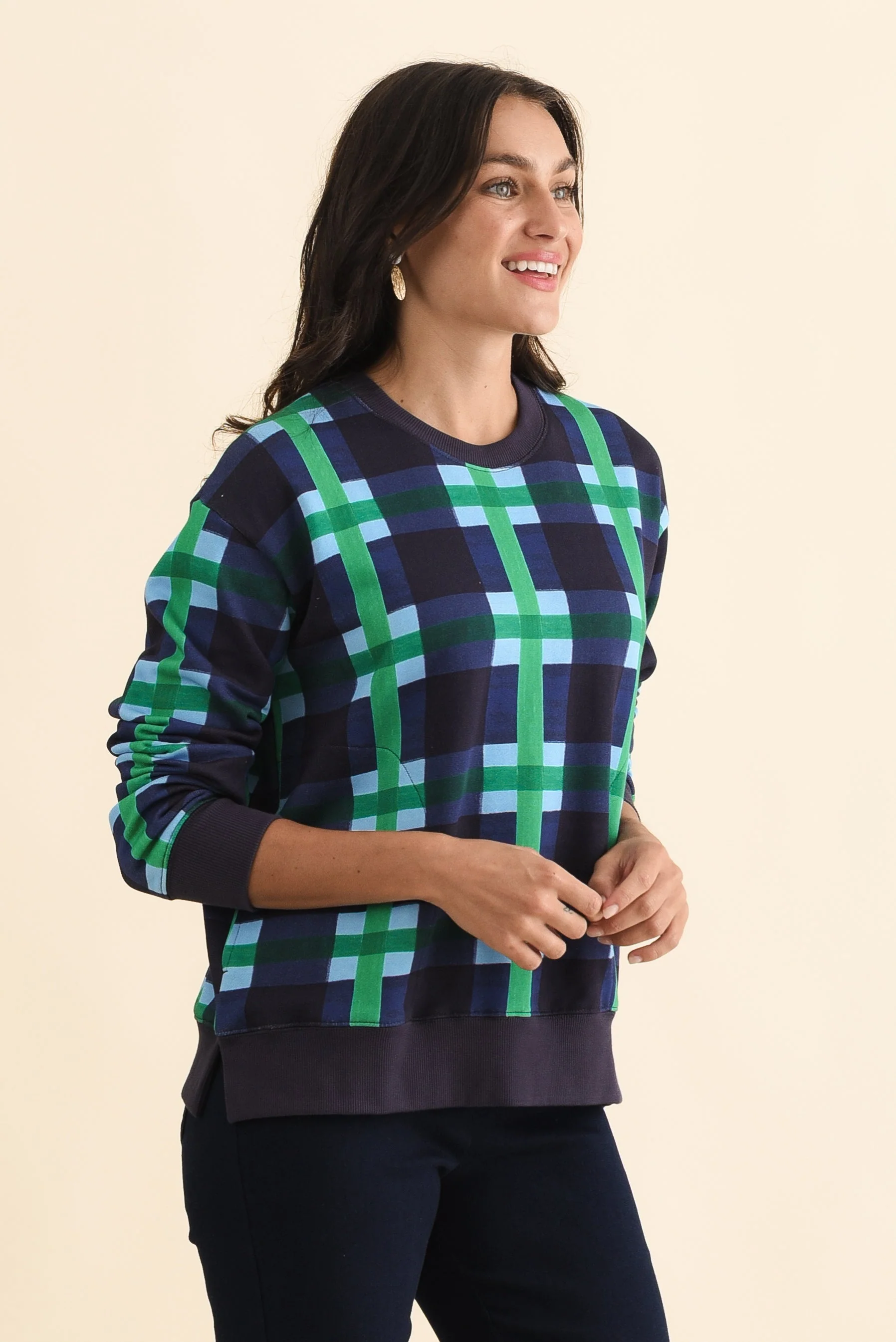 Bari Navy Check Cotton Crewneck Sweatshirt - Image 4