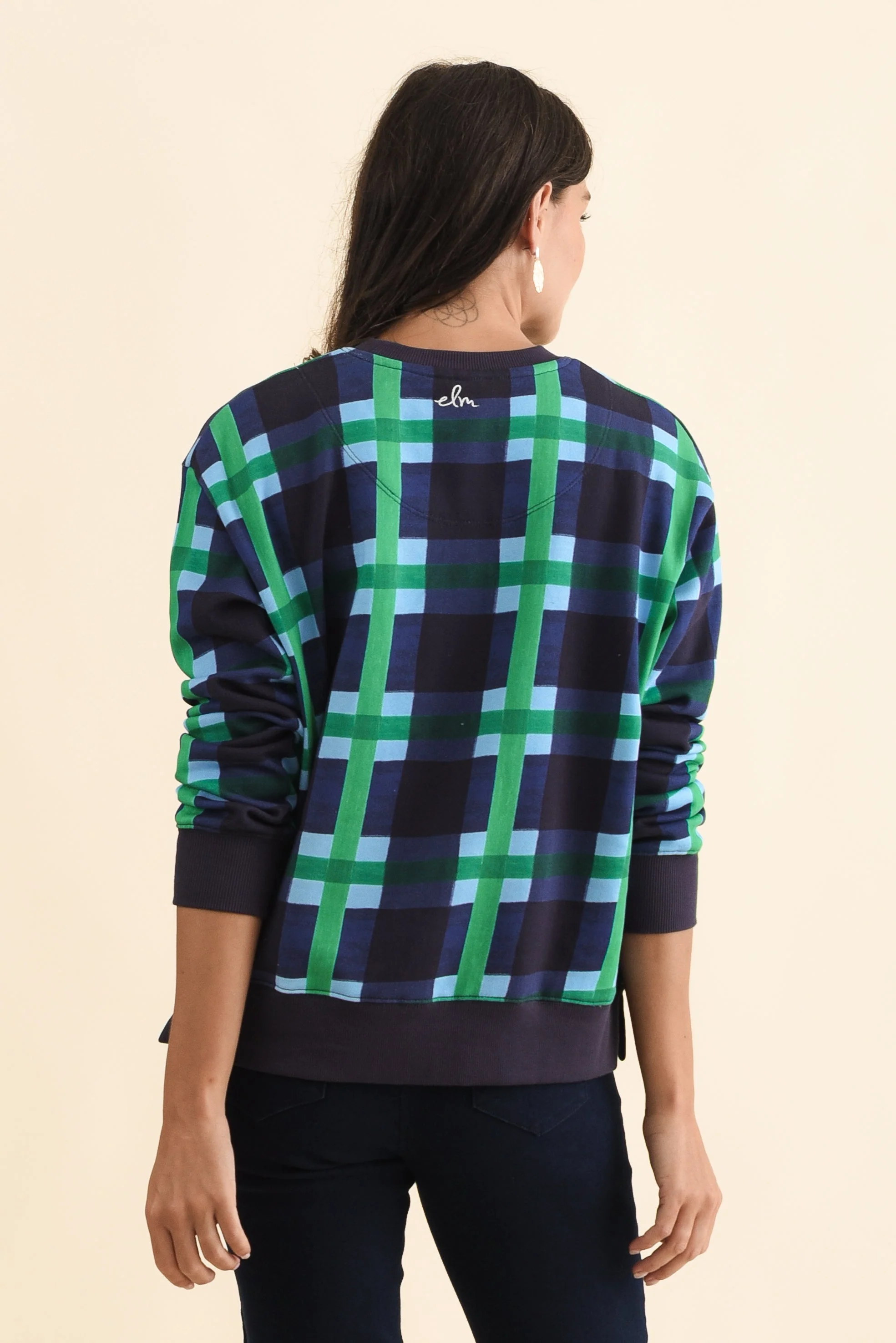 Bari Navy Check Cotton Crewneck Sweatshirt - Image 5