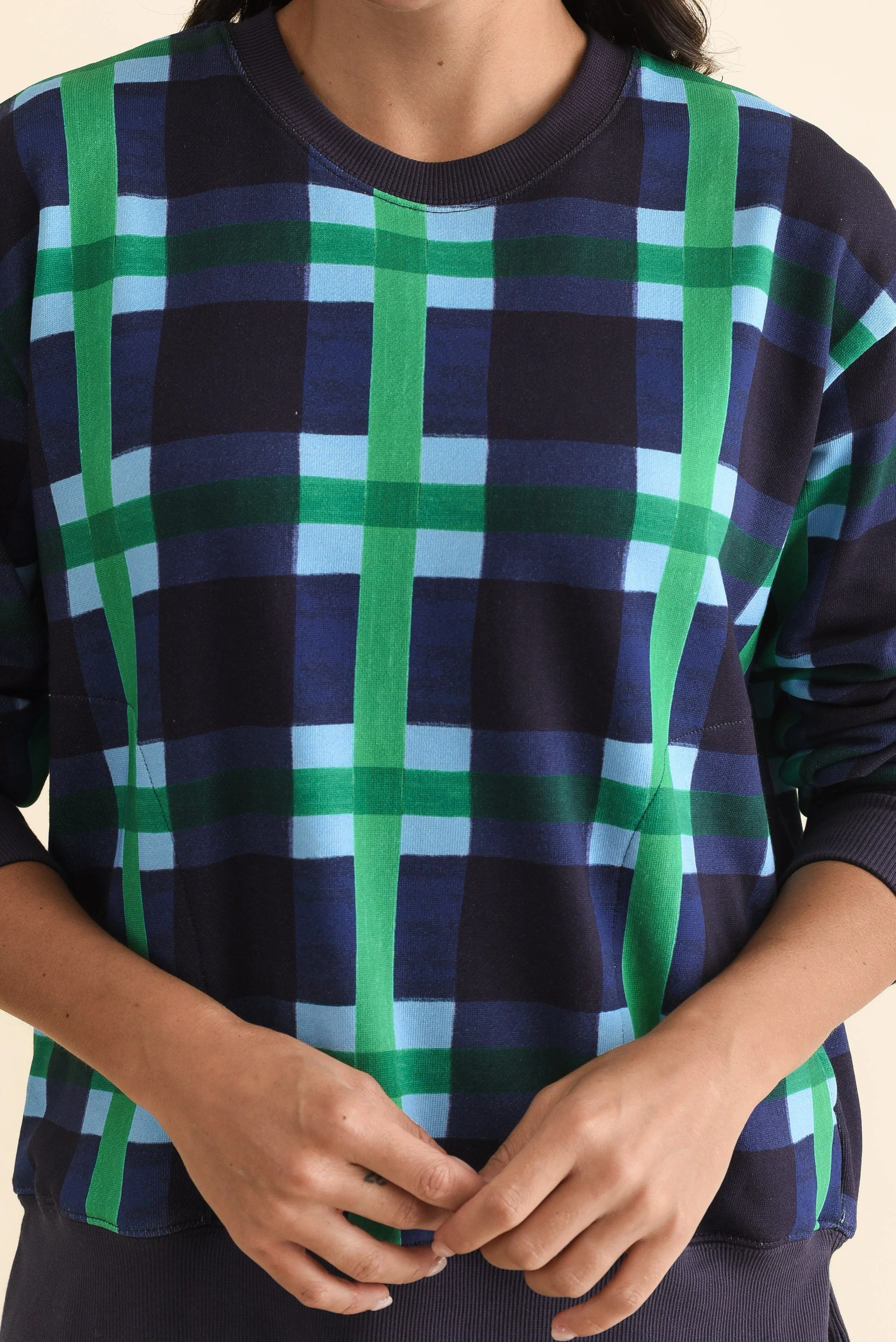 Bari Navy Check Cotton Crewneck Sweatshirt - Image 6
