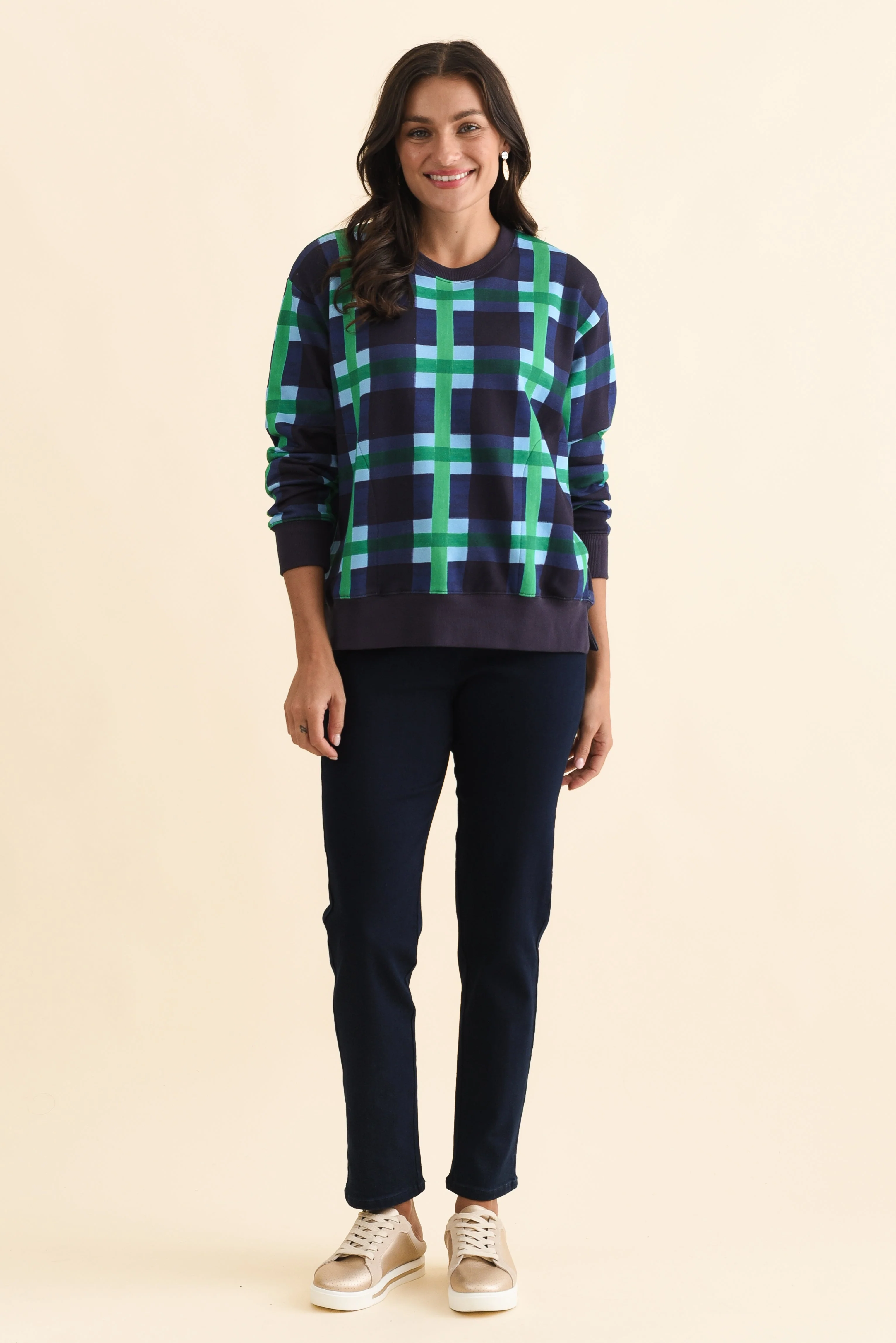 Bari Navy Check Cotton Crewneck Sweatshirt - Image 7