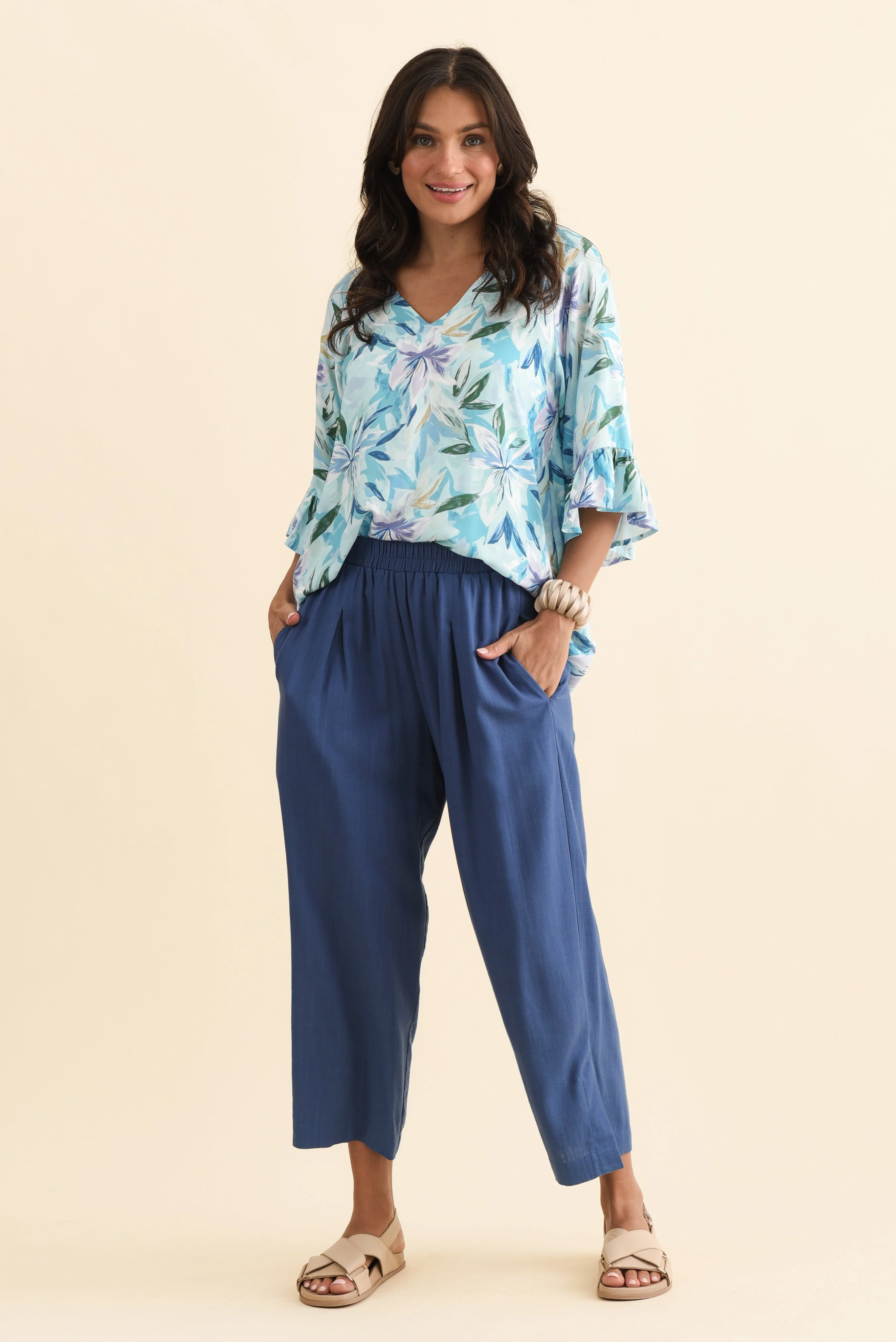 Belinda Blue Linen Blend Cropped Pants - Image 2