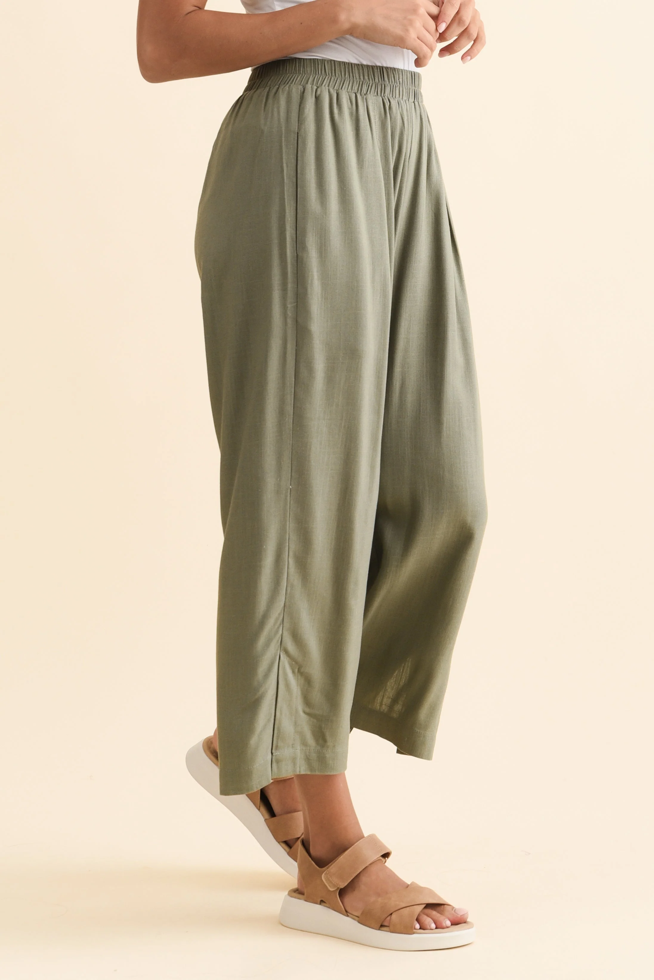 Belinda Khaki Linen Blend Cropped Pants - Image 3