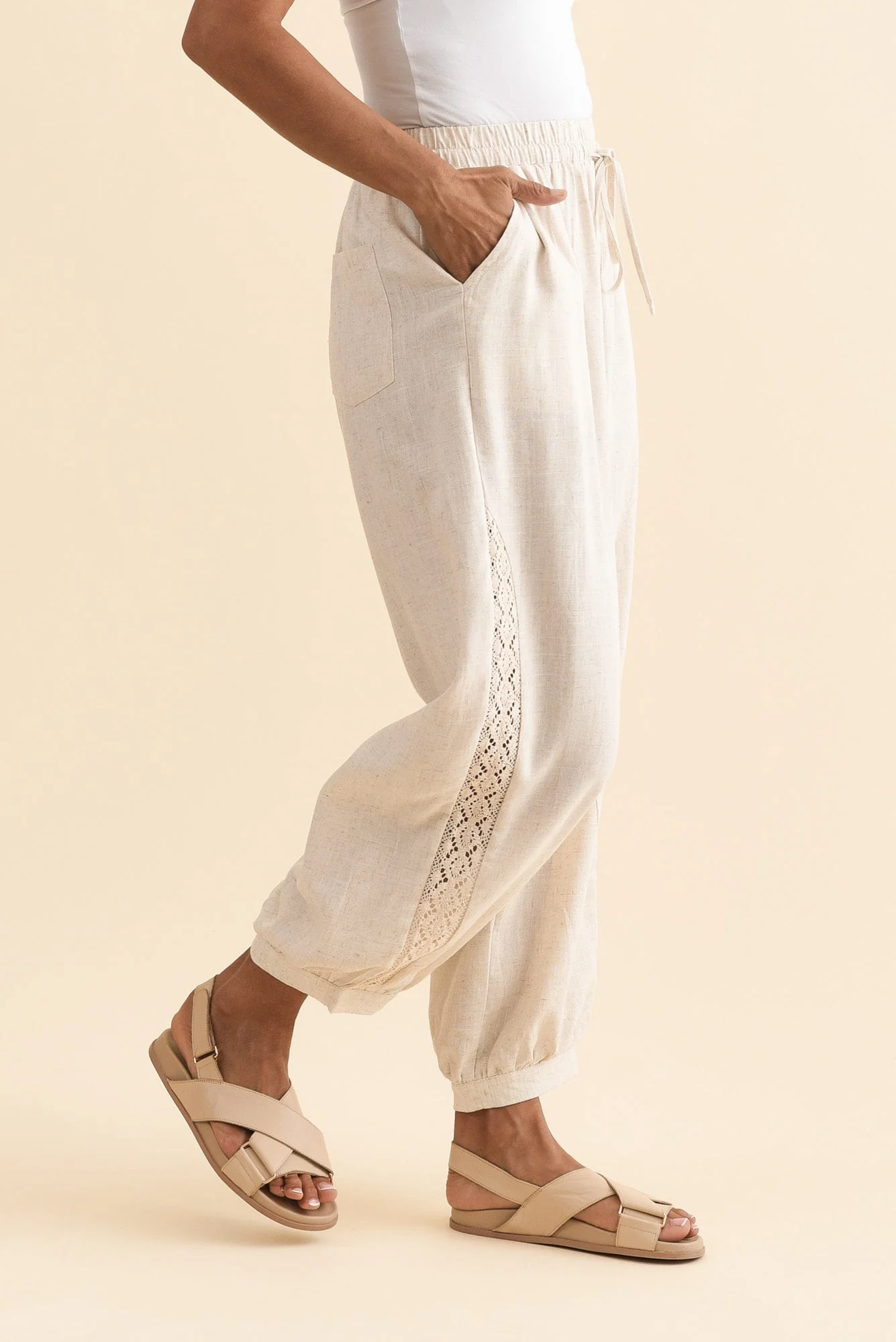 Beretta Beige Lace Linen Blend Pants - Image 3