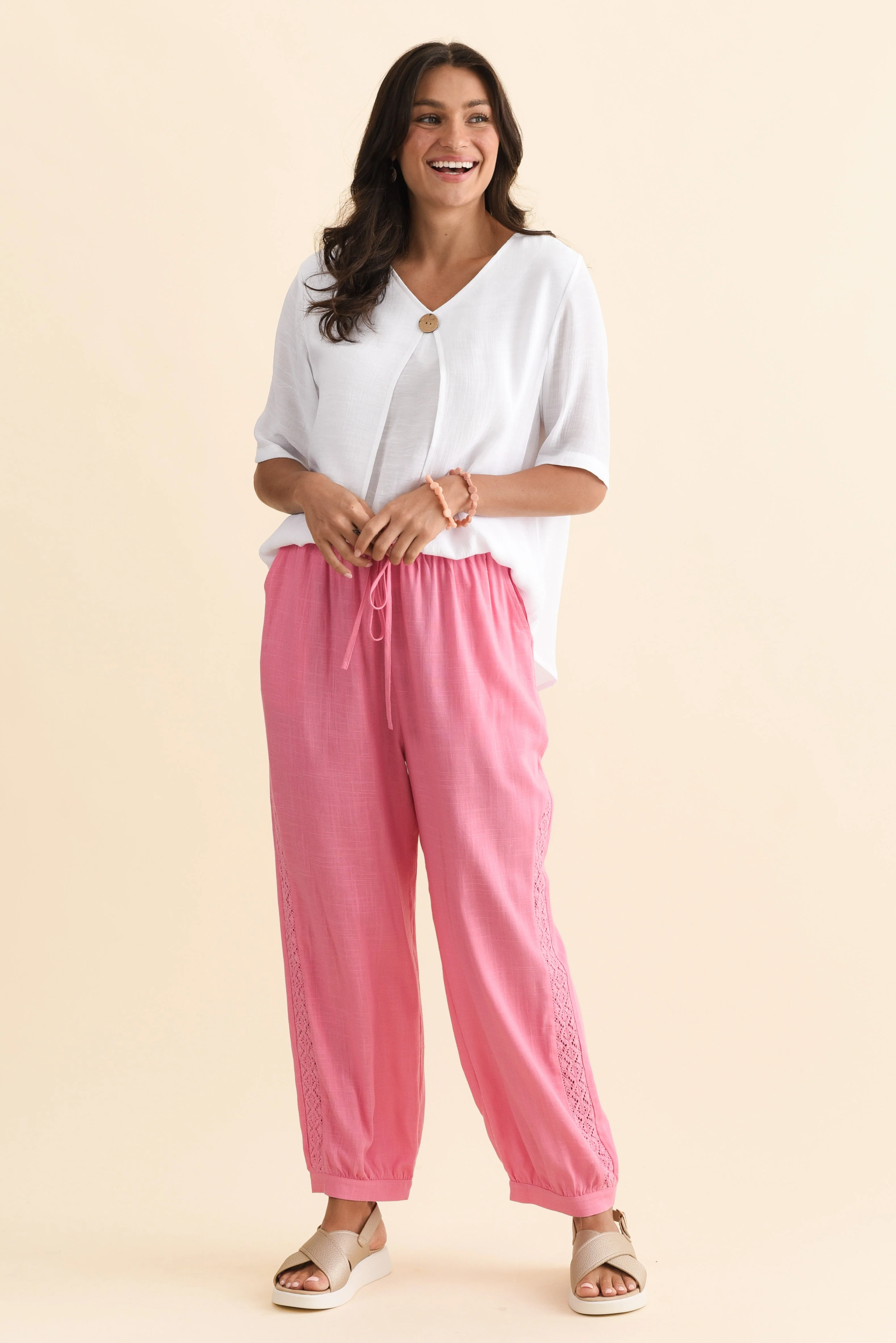 Beretta Pink Lace Linen Blend Pants - Image 2