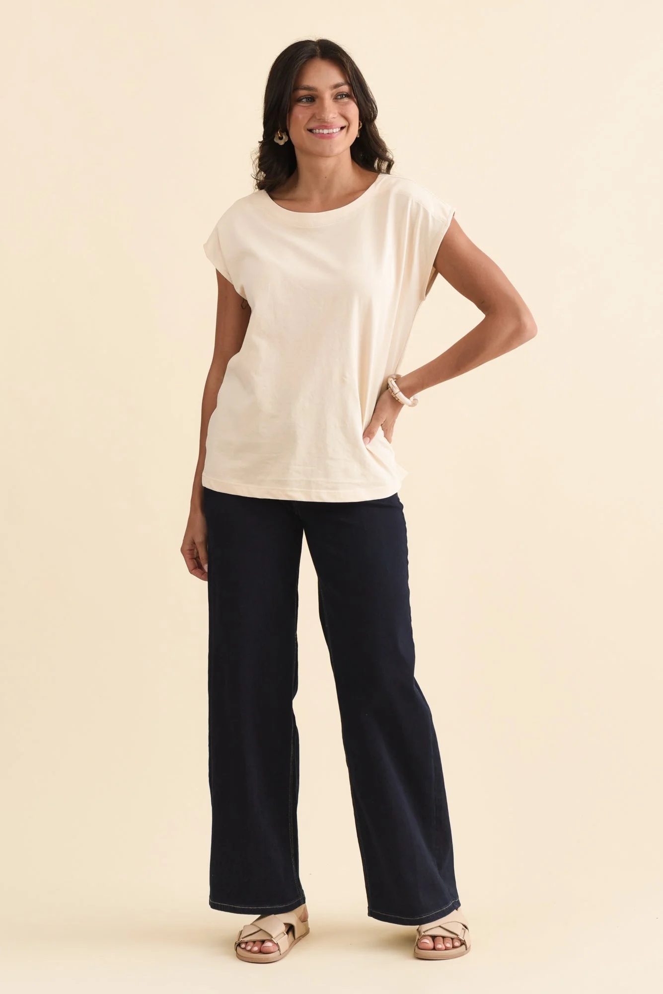 Beth Beige Cotton Boatneck Tee - Image 6