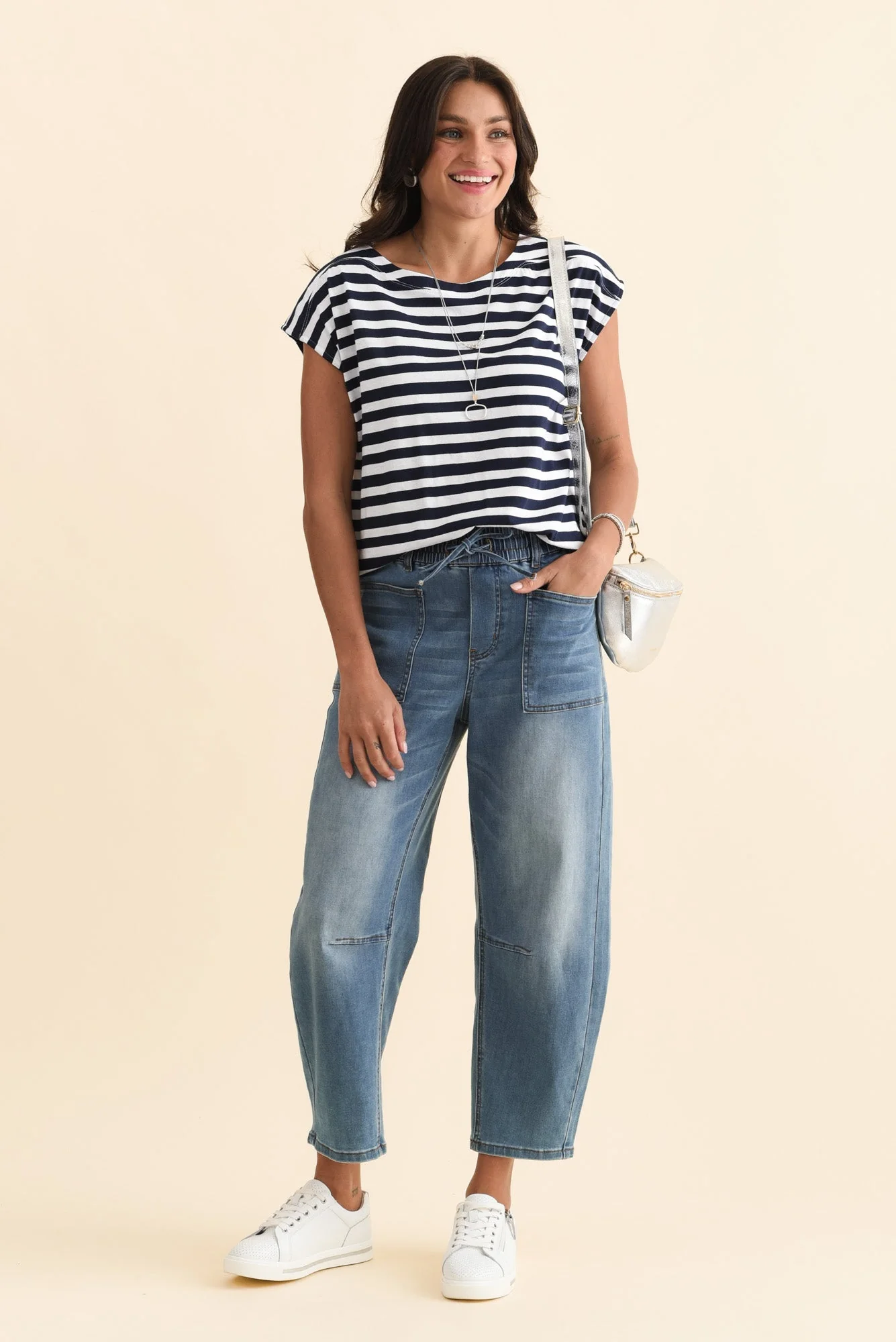 Beth Navy Stripe Cotton Boatneck Tee - Image 2
