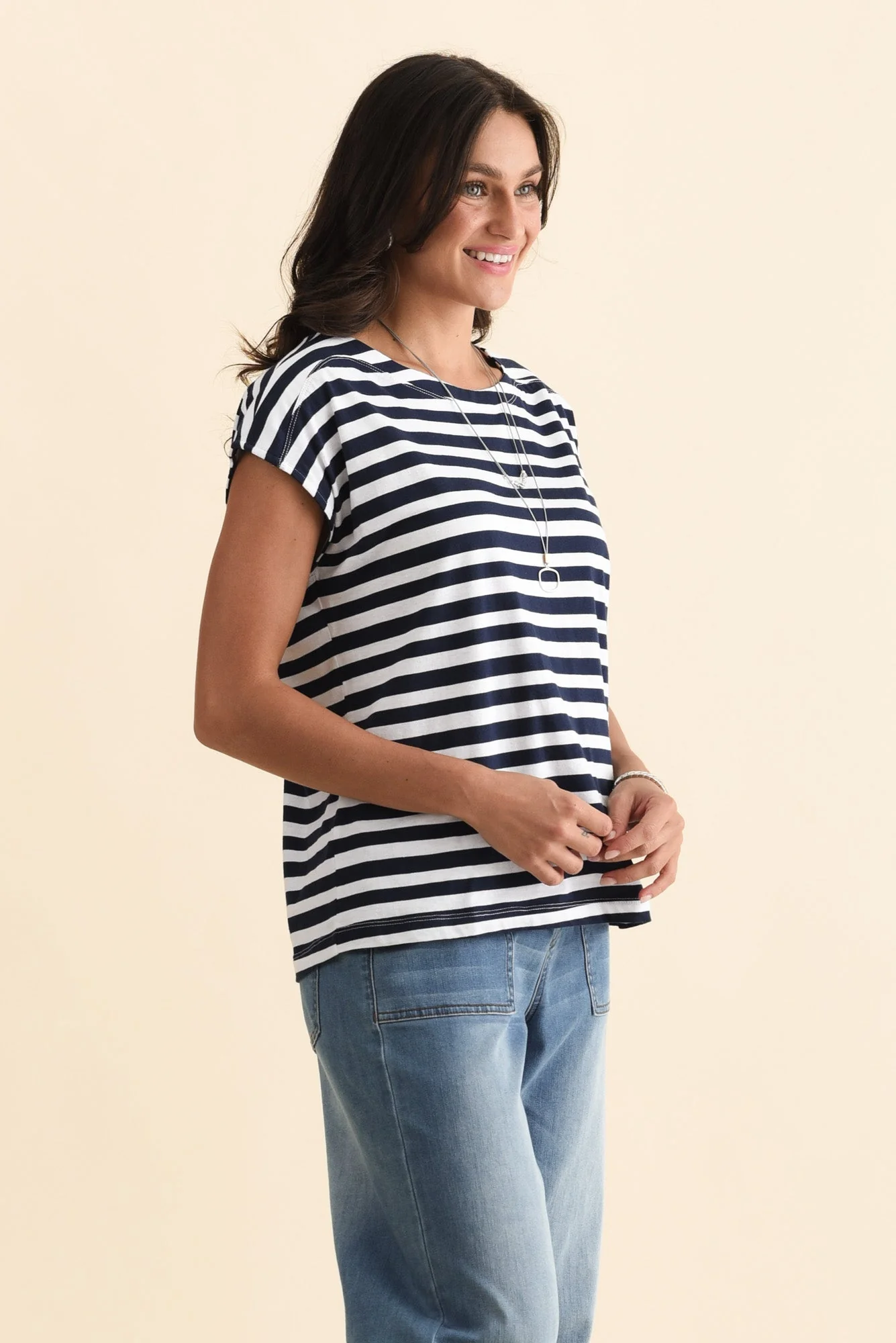 Beth Navy Stripe Cotton Boatneck Tee - Image 3