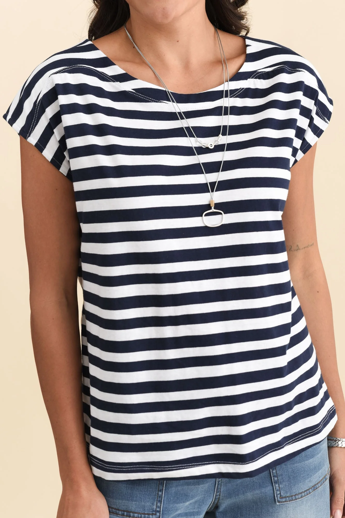 Beth Navy Stripe Cotton Boatneck Tee - Image 5