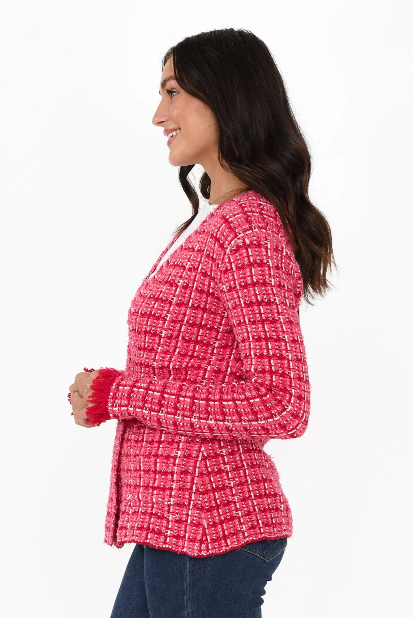 Beverly Pink Check Knit Blazer Cardigan - Image 3