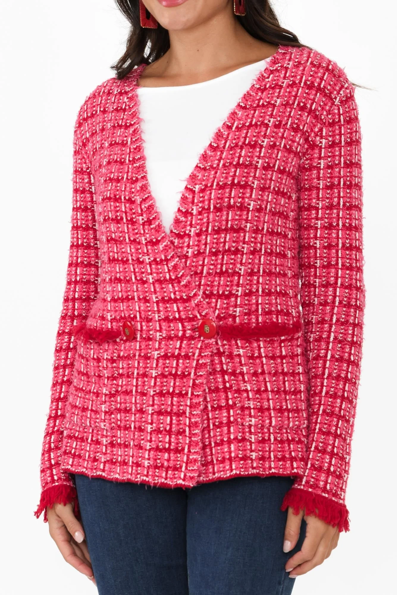 Beverly Pink Check Knit Blazer Cardigan - Image 5