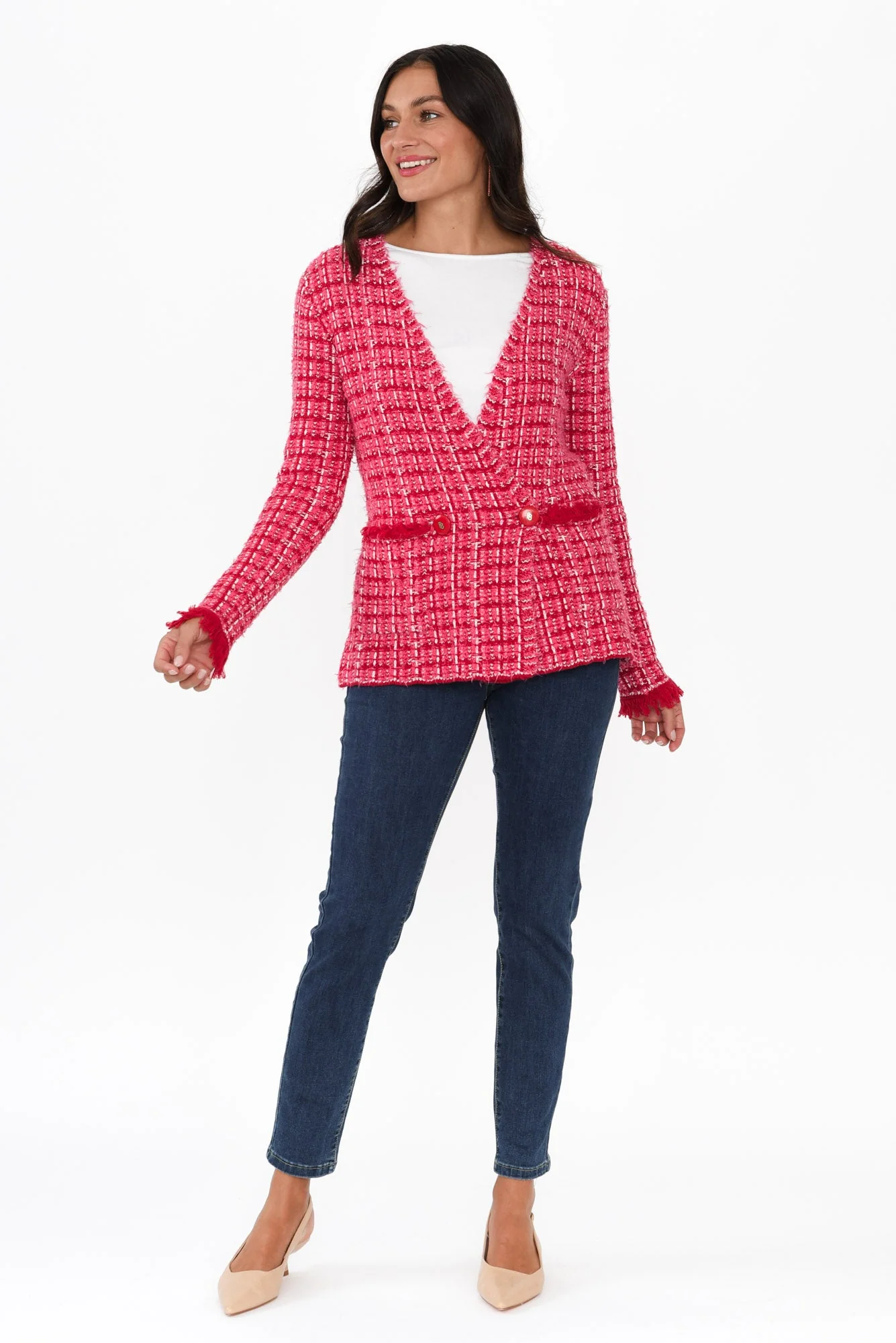 Beverly Pink Check Knit Blazer Cardigan - Image 6