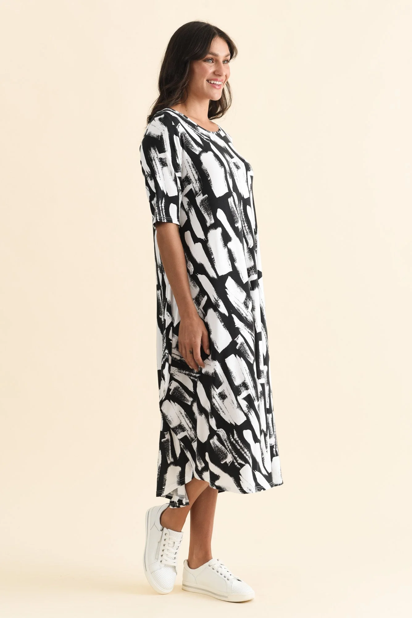 Black Brush Stroke Micro Modal Tri Drape Dress - Image 3