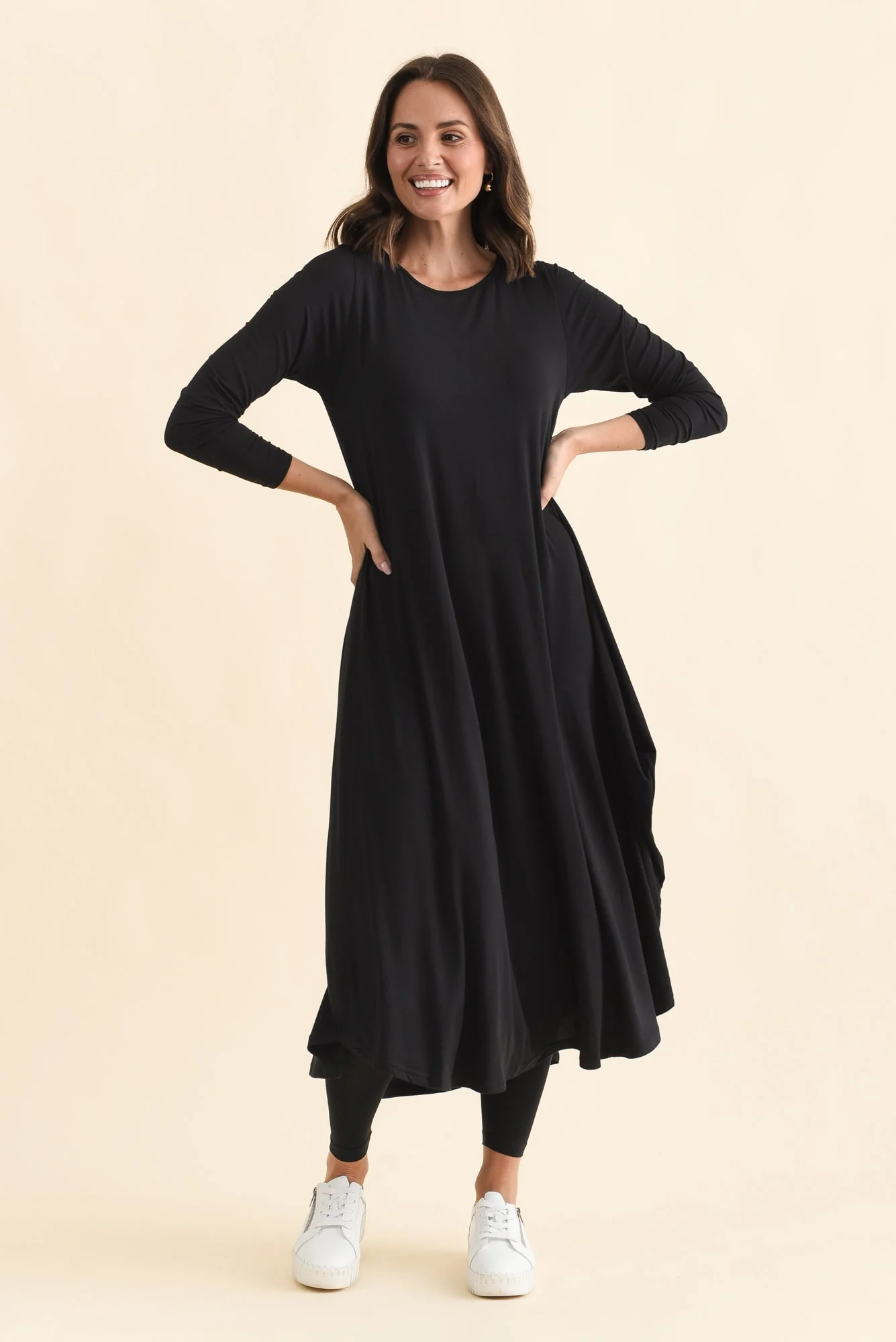 Black Long Sleeved Micro Modal Drape Dress - Image 2