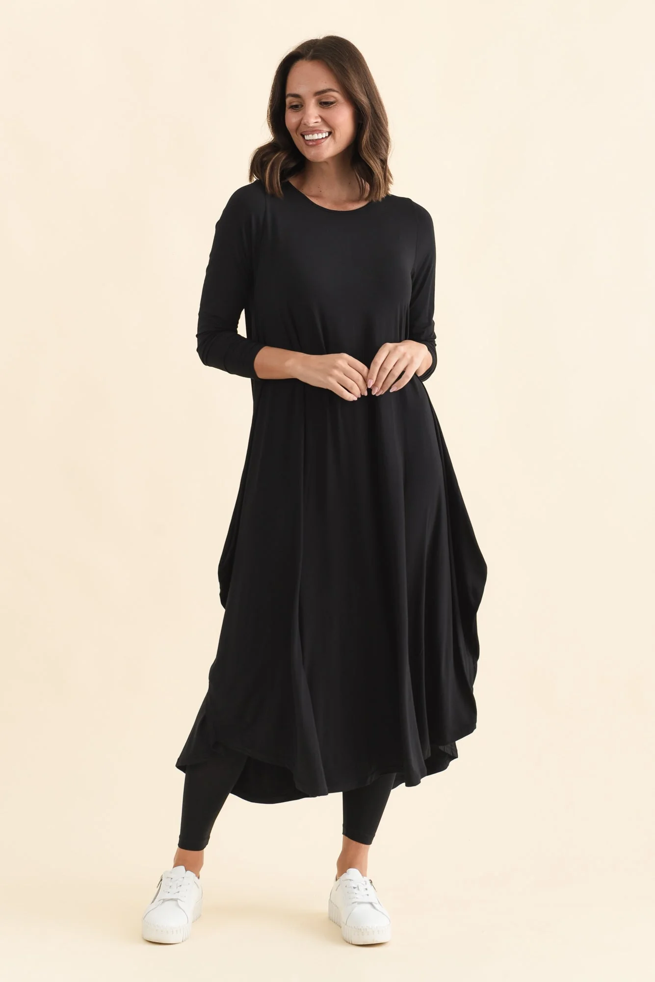 Black Long Sleeved Micro Modal Drape Dress - Image 6