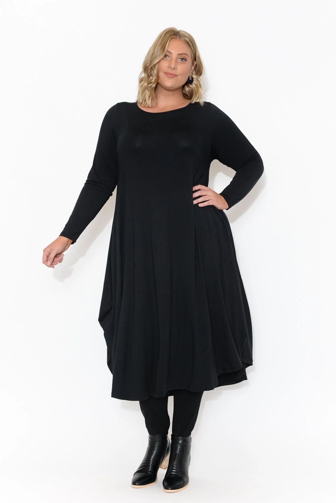 Black Long Sleeved Micro Modal Drape Dress - Image 8