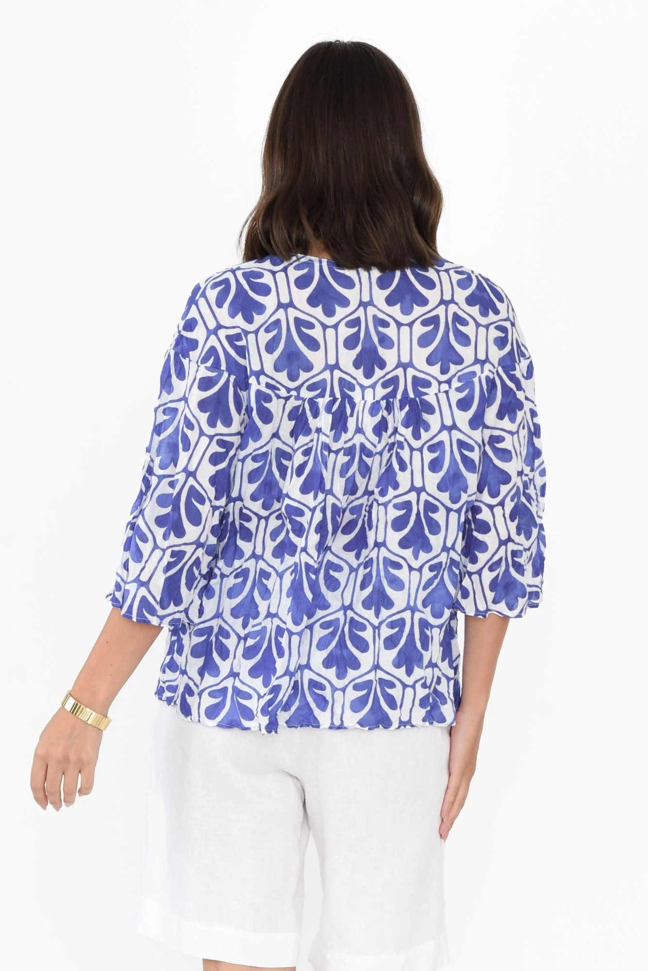 Blaise Blue Abstract Cotton Button Top - Image 3