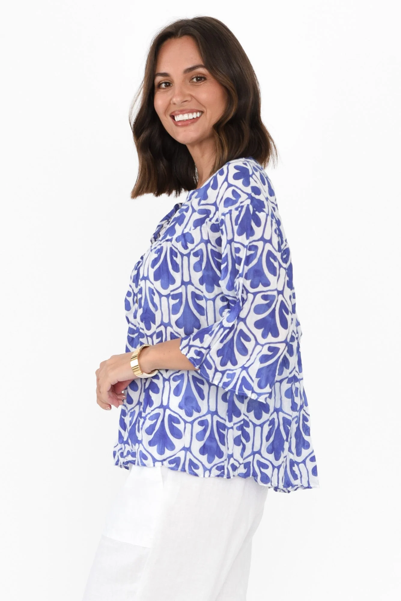 Blaise Blue Abstract Cotton Button Top - Image 4