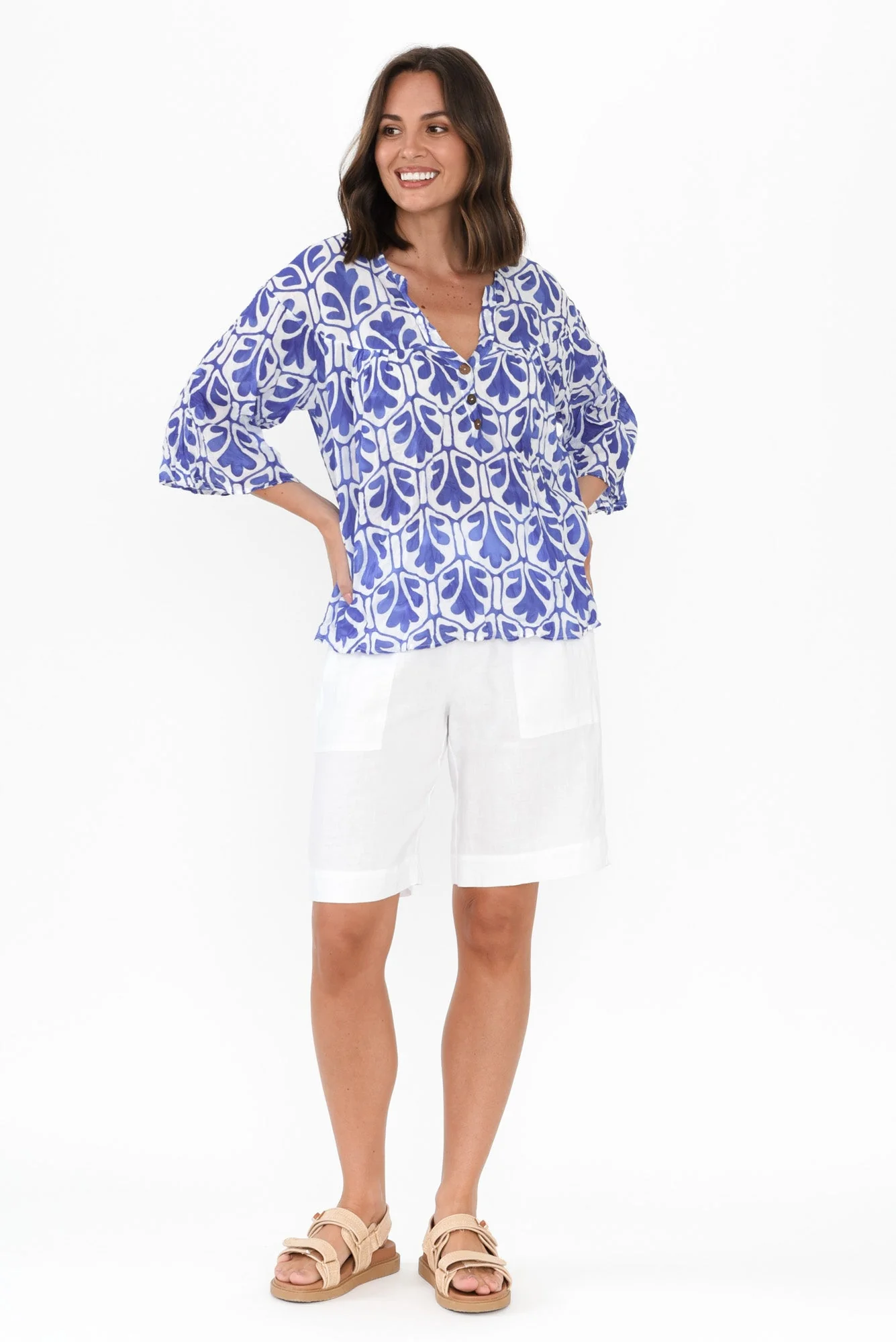 Blaise Blue Abstract Cotton Button Top - Image 6