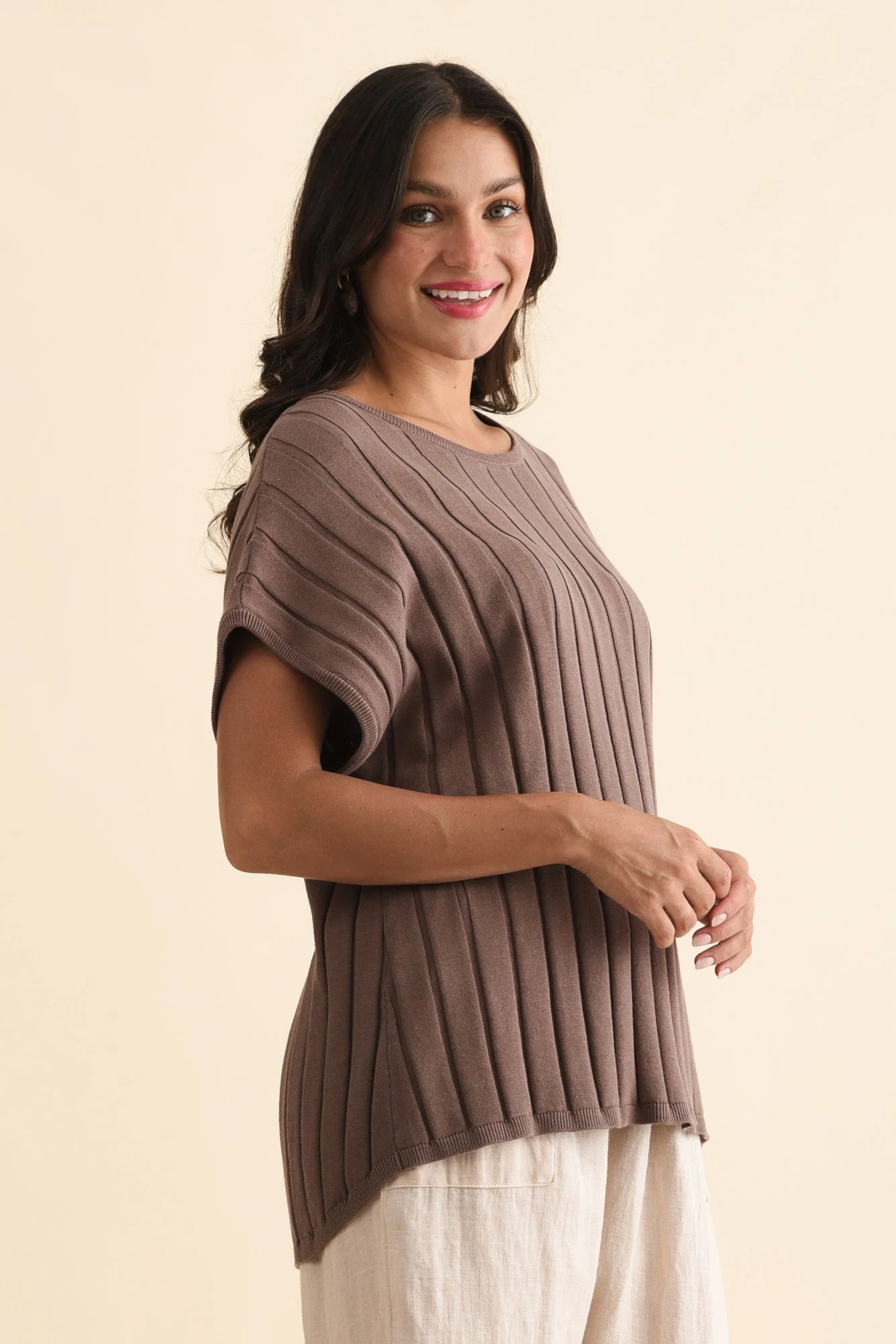 Blake Mocha Cotton Linen Knit Top - Image 3