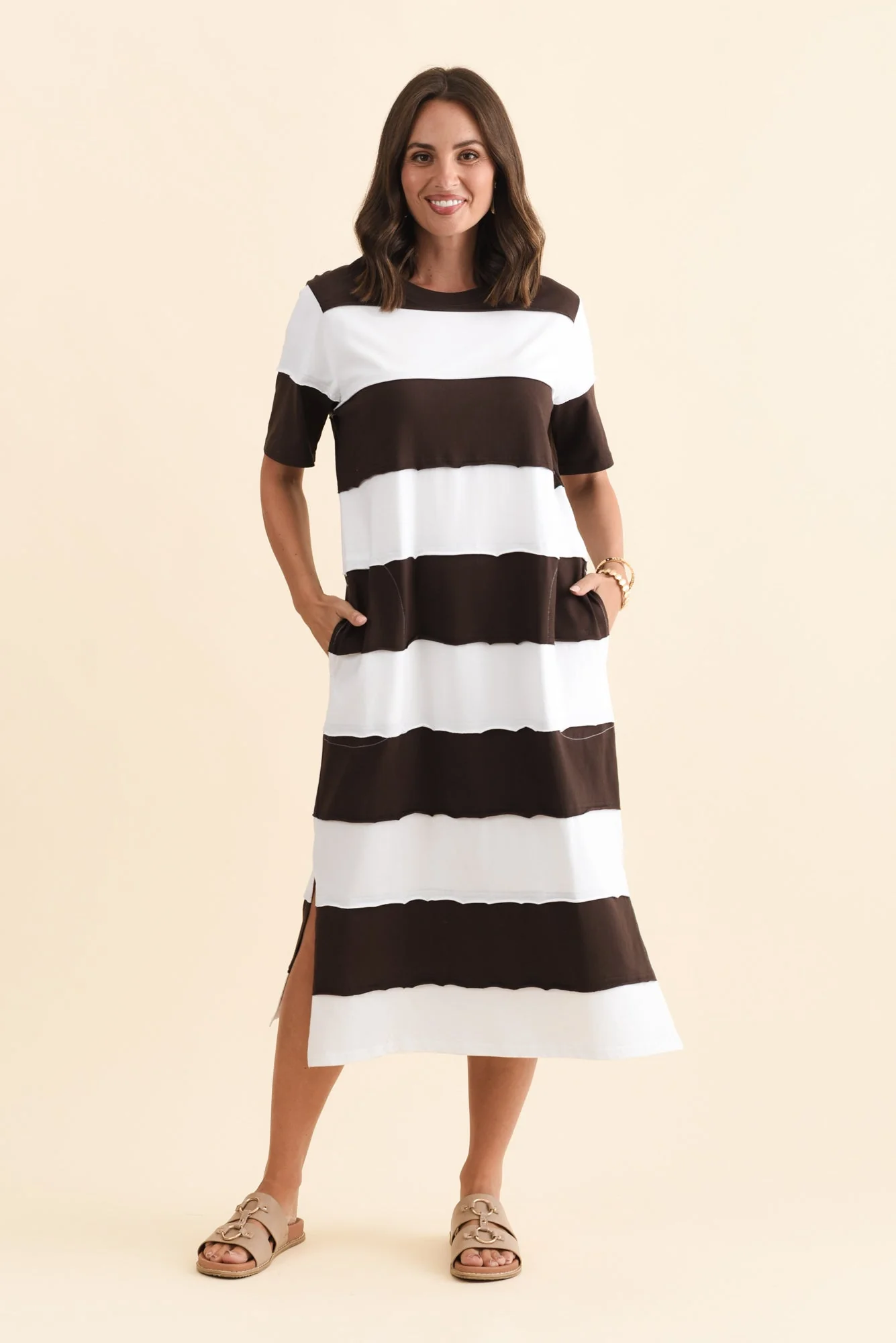 Bold Dark Brown Stripe Cotton Tee Dress - Image 2
