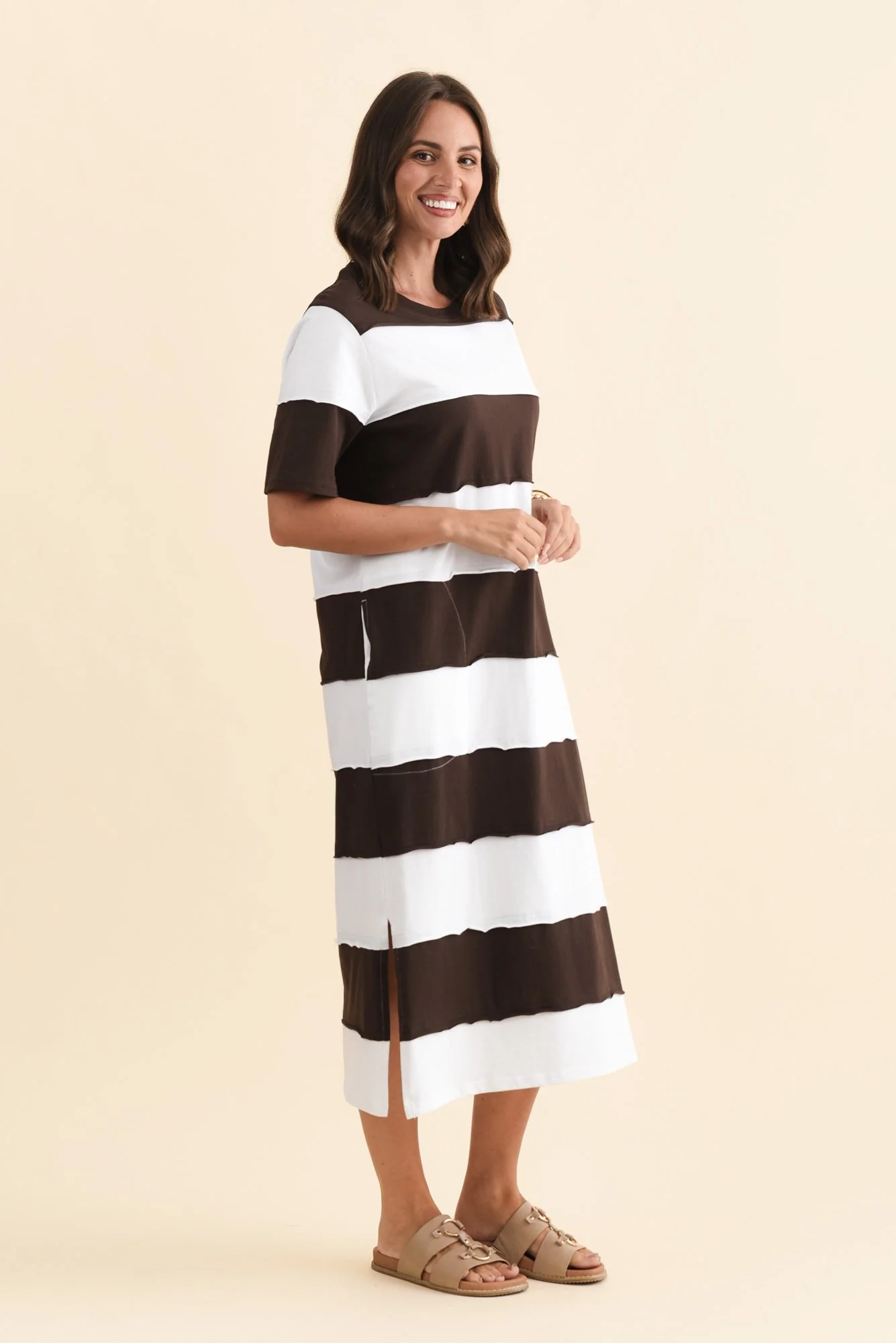 Bold Dark Brown Stripe Cotton Tee Dress - Image 3