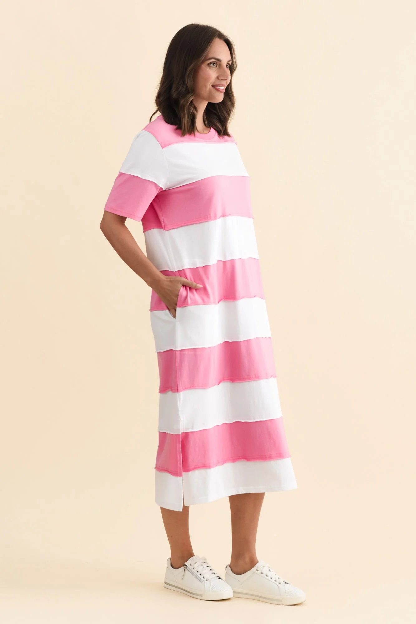 Bold Pink Stripe Cotton Tee Dress - Image 3