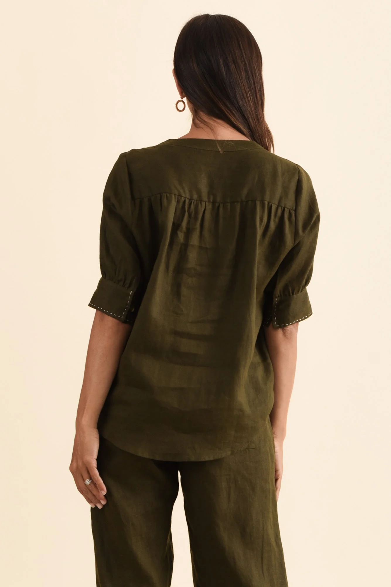 Bradley Khaki Linen Contrast Stitch Top - Image 4