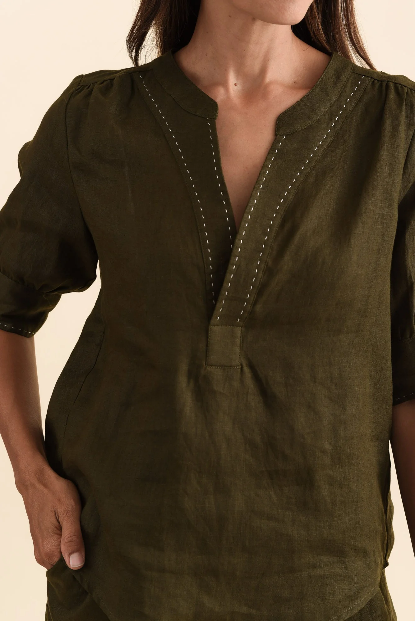 Bradley Khaki Linen Contrast Stitch Top - Image 5