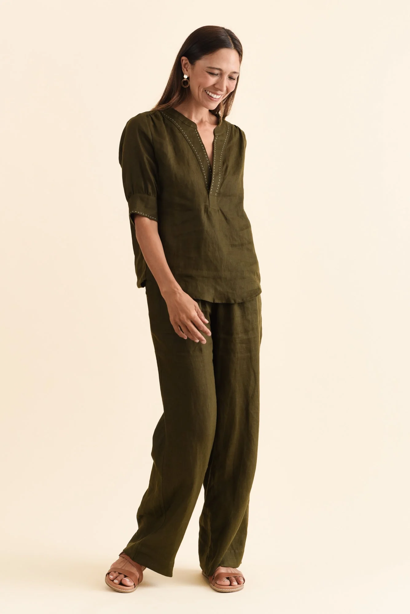 Bradley Khaki Linen Contrast Stitch Top - Image 6