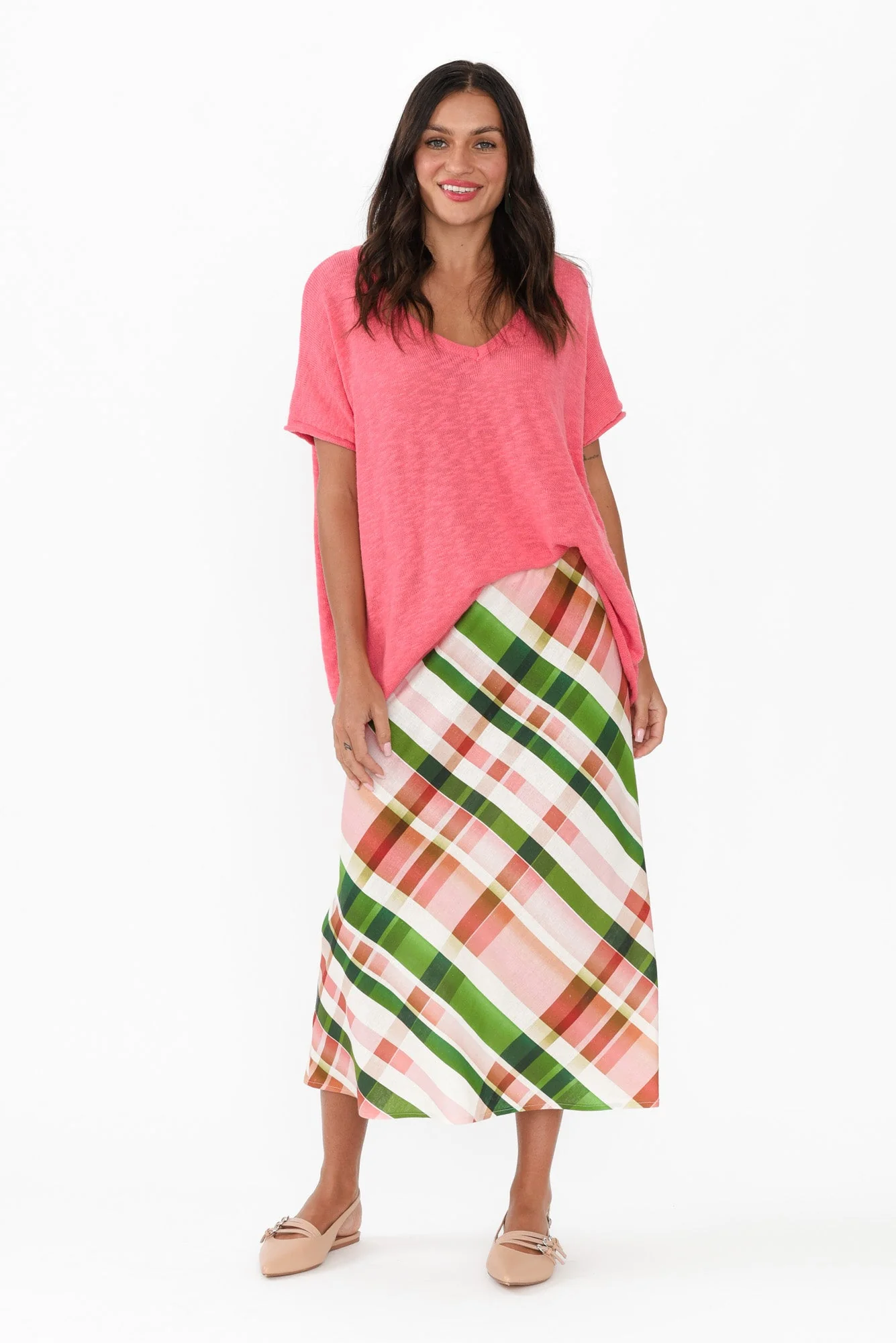 Bree Pink Check Linen Blend Skirt - Image 2