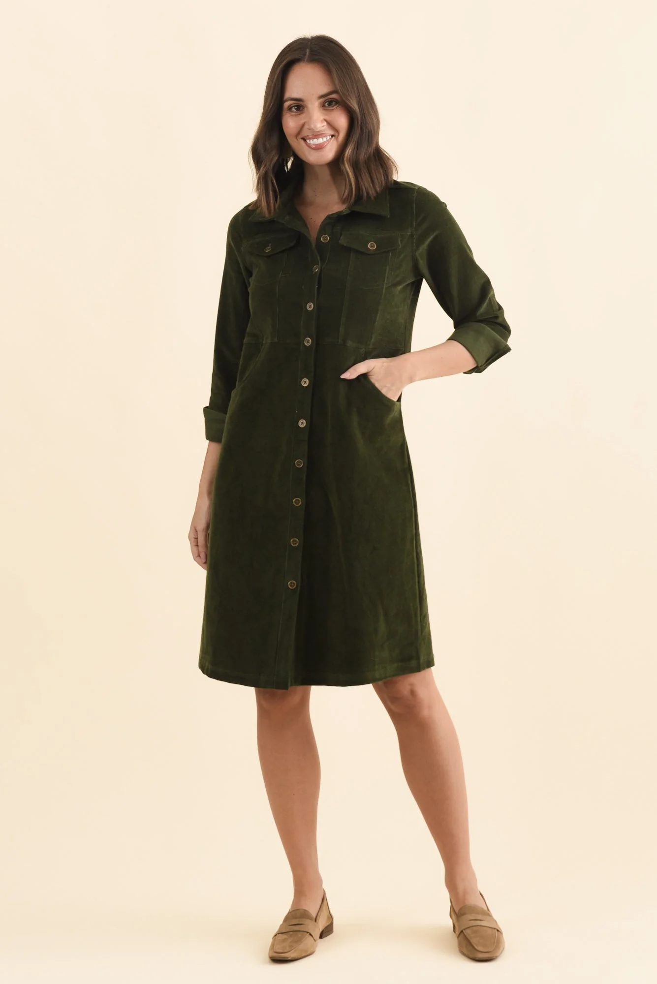 Bronwyn Forest Green Corduroy Button Dress - Image 2