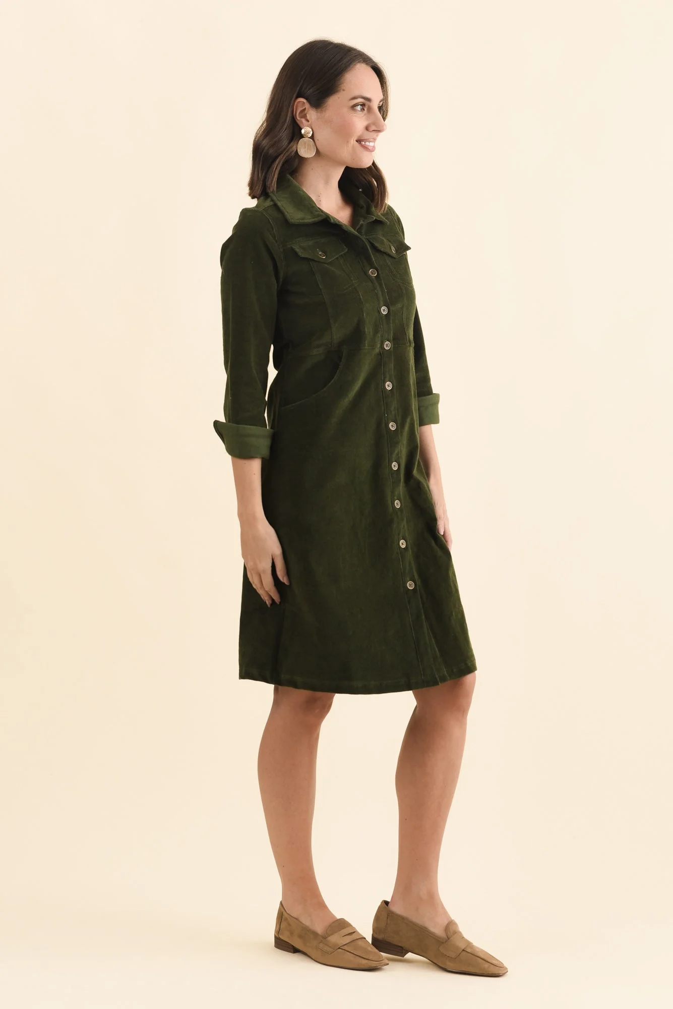 Bronwyn Forest Green Corduroy Button Dress - Image 3