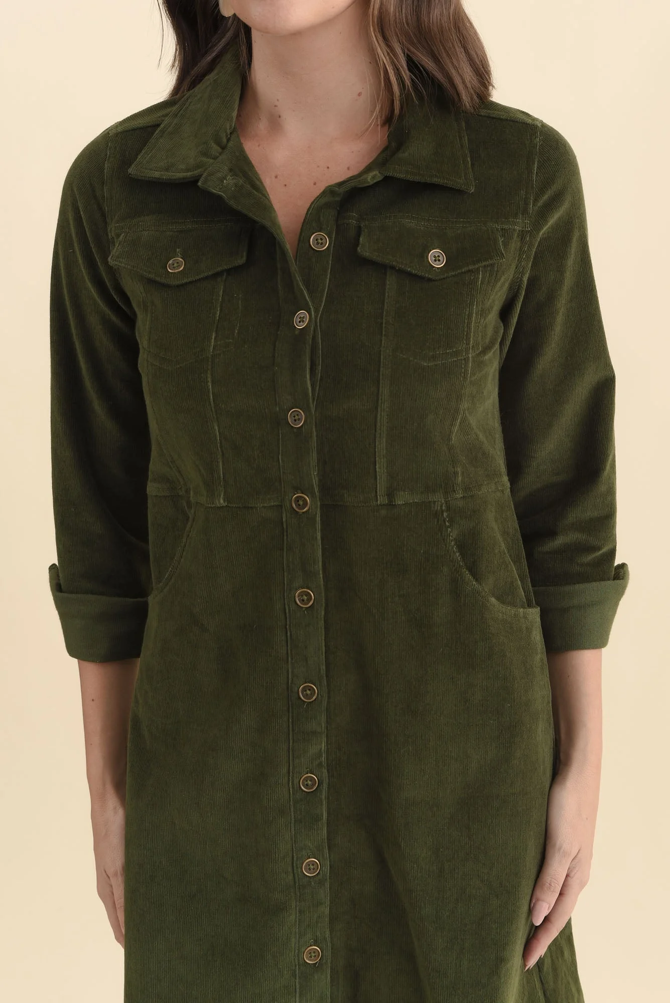 Bronwyn Forest Green Corduroy Button Dress - Image 5