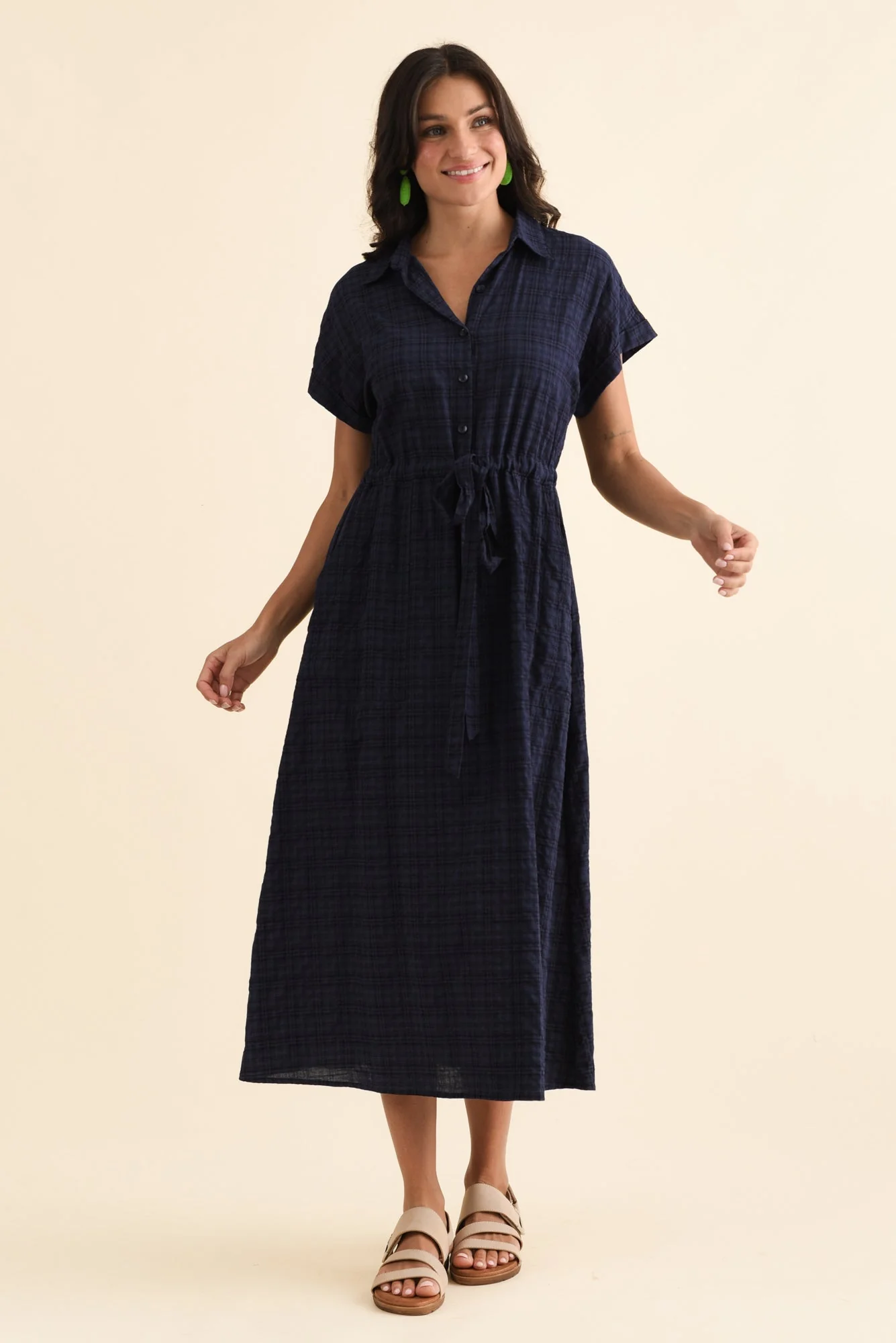 Brydie Navy Check Cotton Blend Dress - Image 2