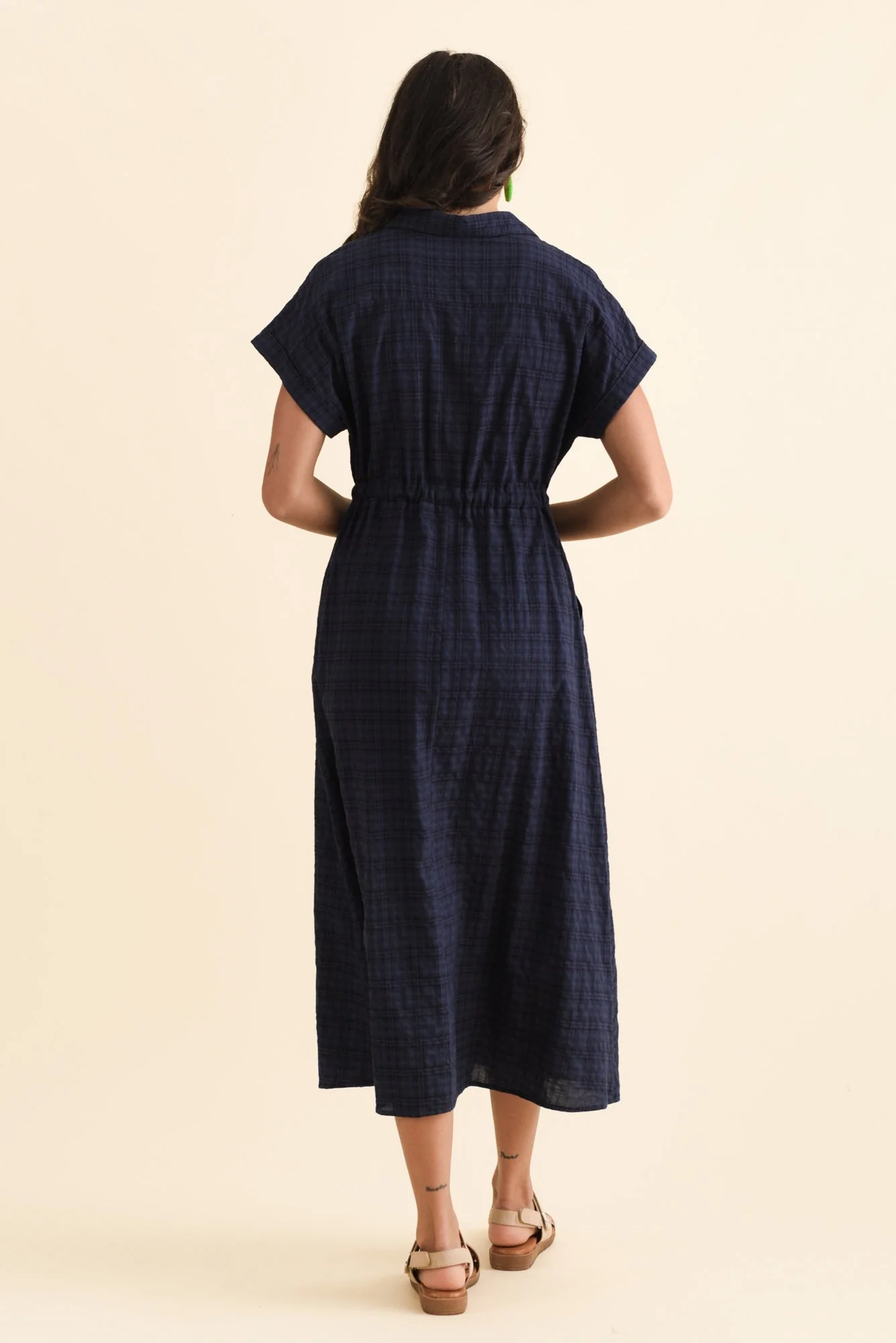 Brydie Navy Check Cotton Blend Dress - Image 4