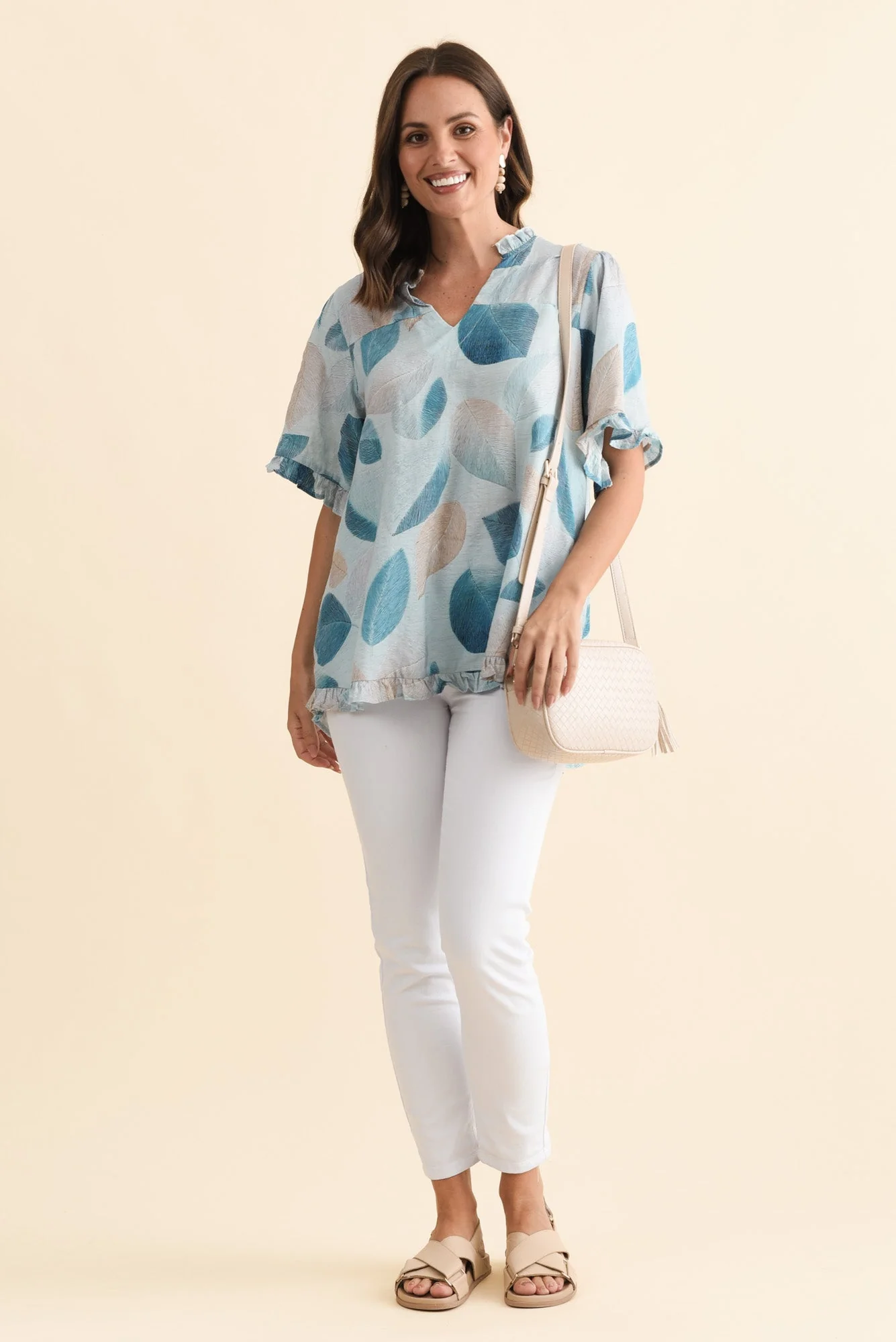 Calm Blue Leaf Ruffle Top - Image 2