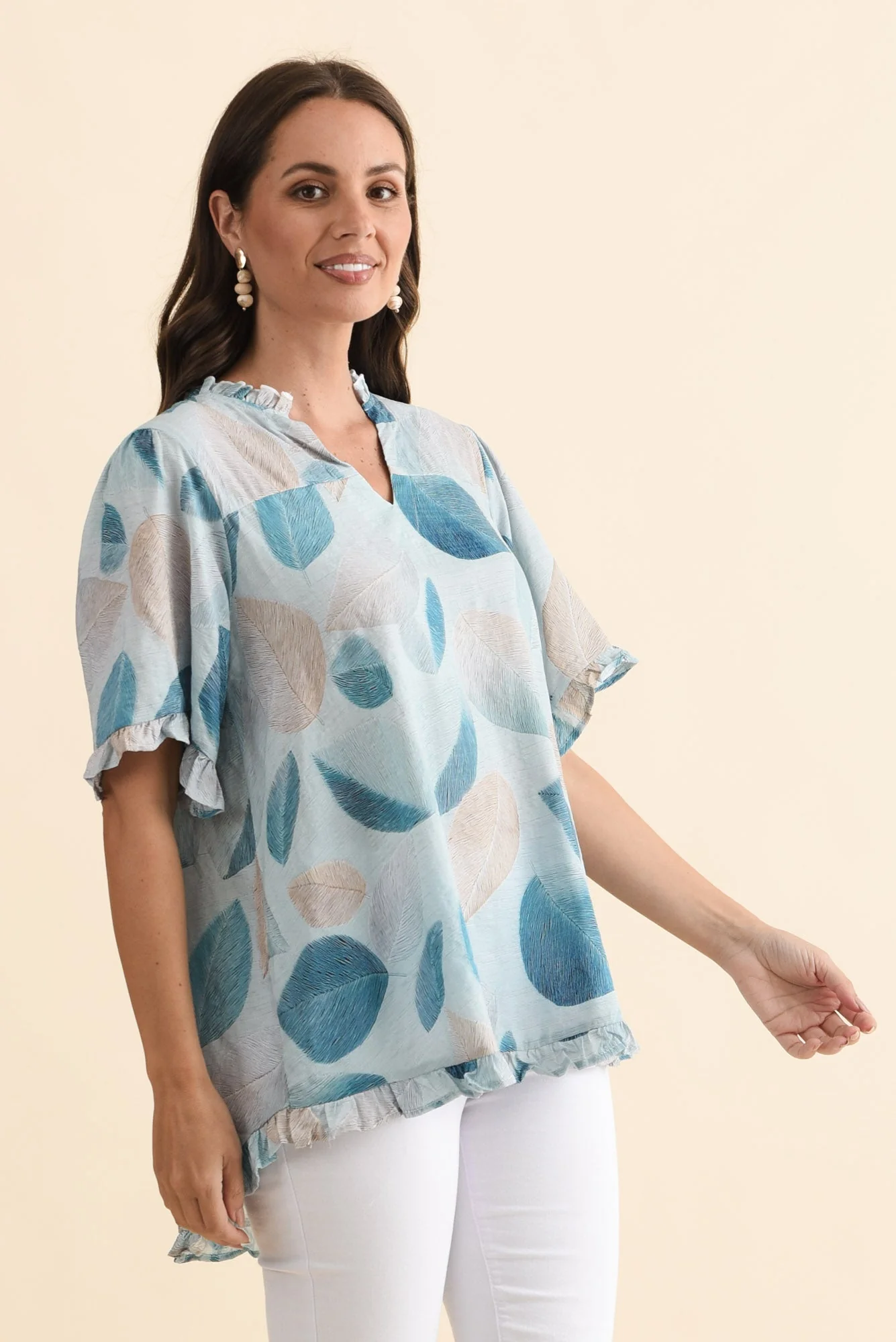 Calm Blue Leaf Ruffle Top - Image 3