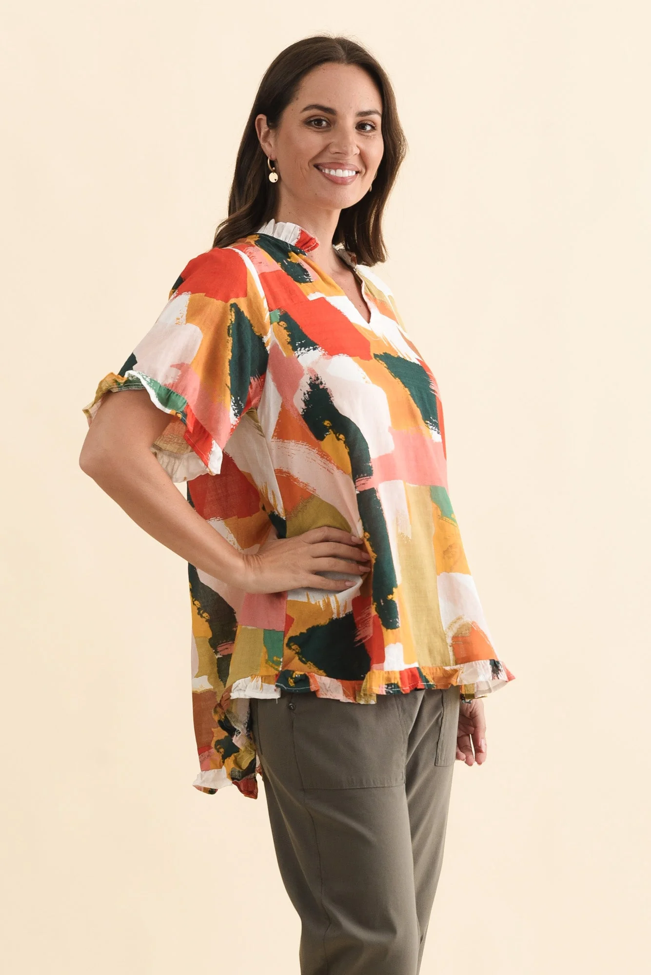 Calm Pink Abstract Ruffle Top - Image 3