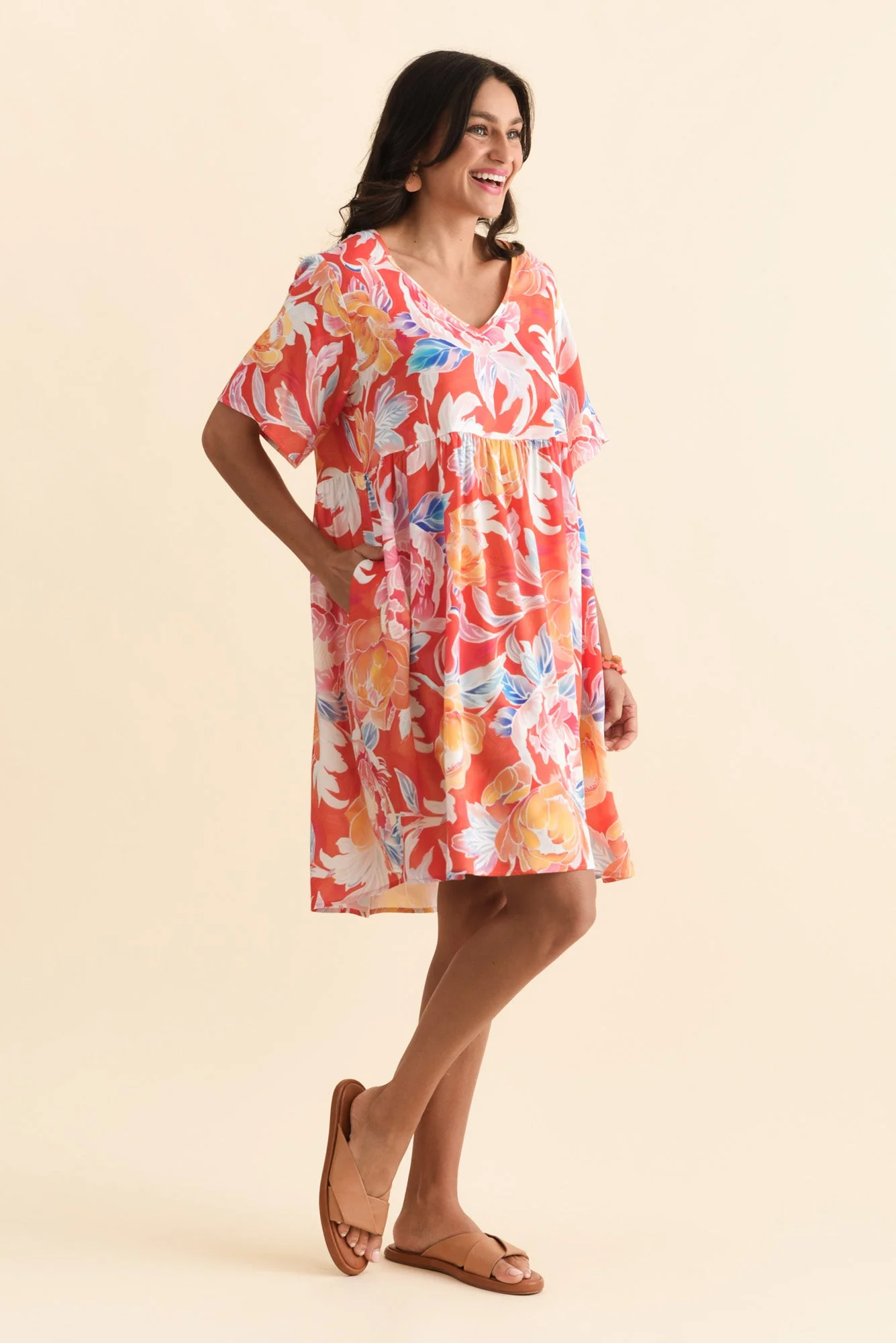 Carlita Coral Flower Pocket Dress - Image 3