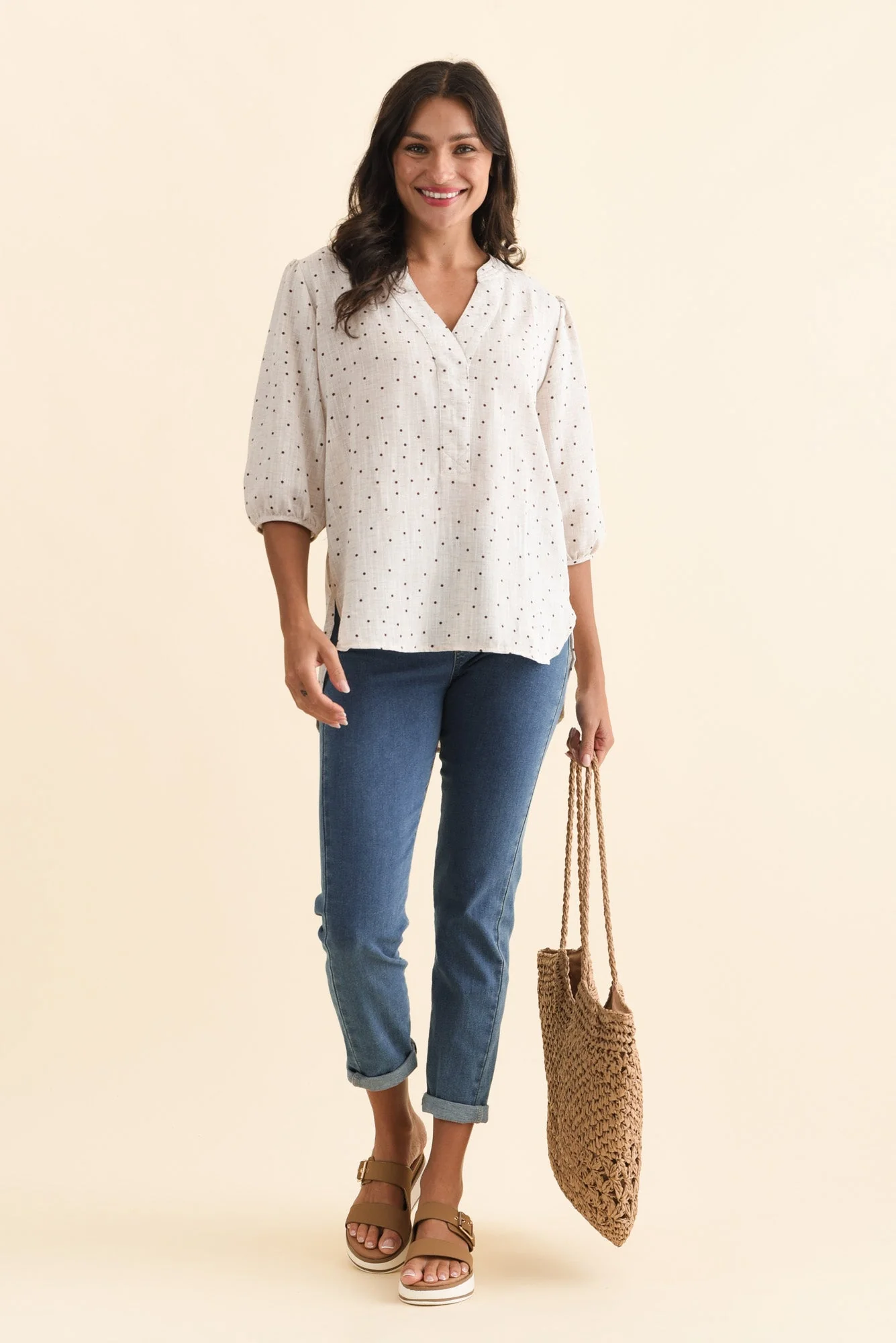 Carmin Beige Spot Linen Blend Top - Image 2