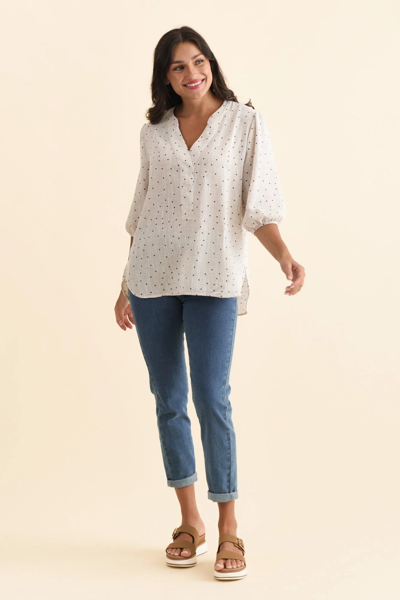 Carmin Beige Spot Linen Blend Top - Image 6