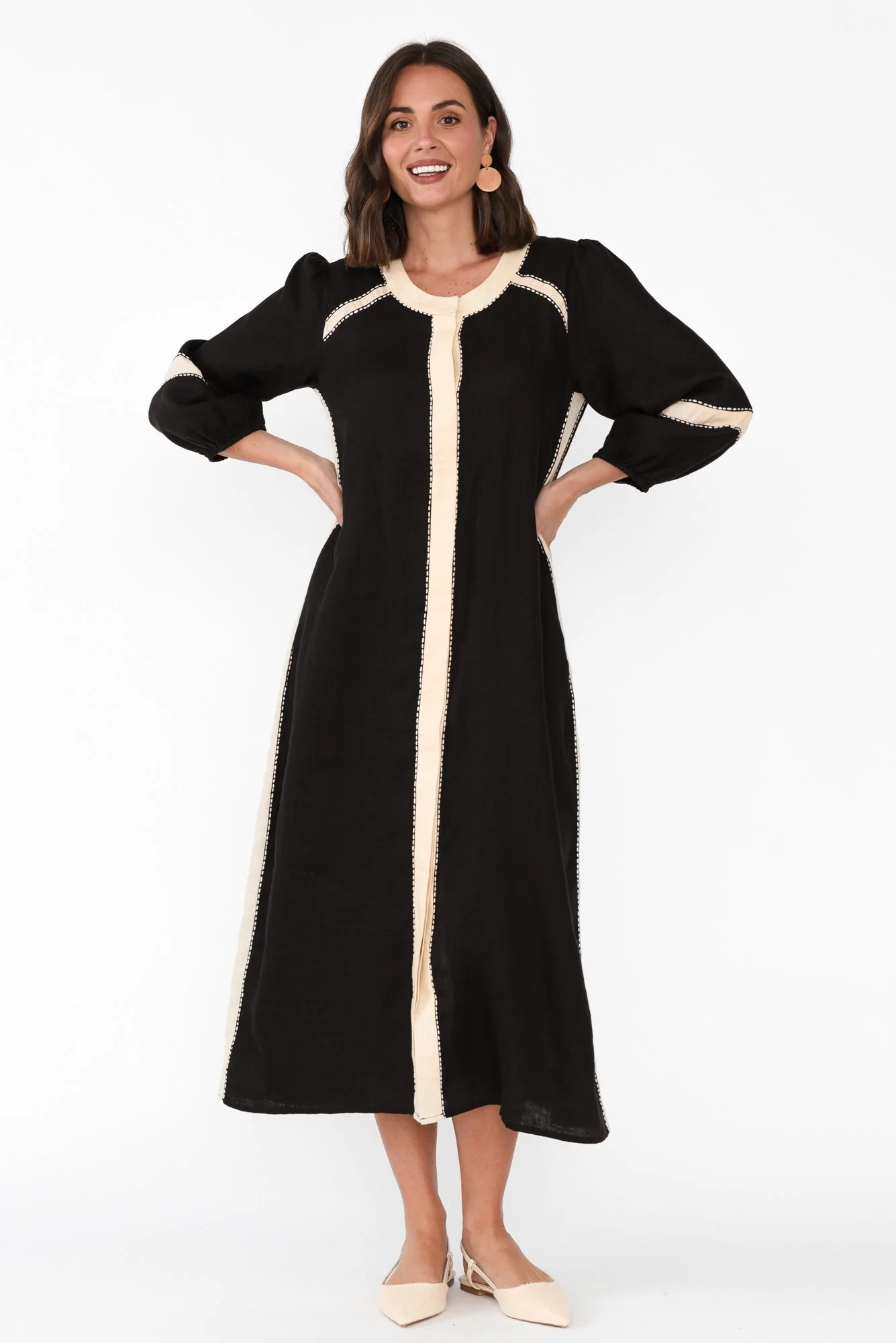Carolina Black Contrast Linen Tie Dress - Image 2