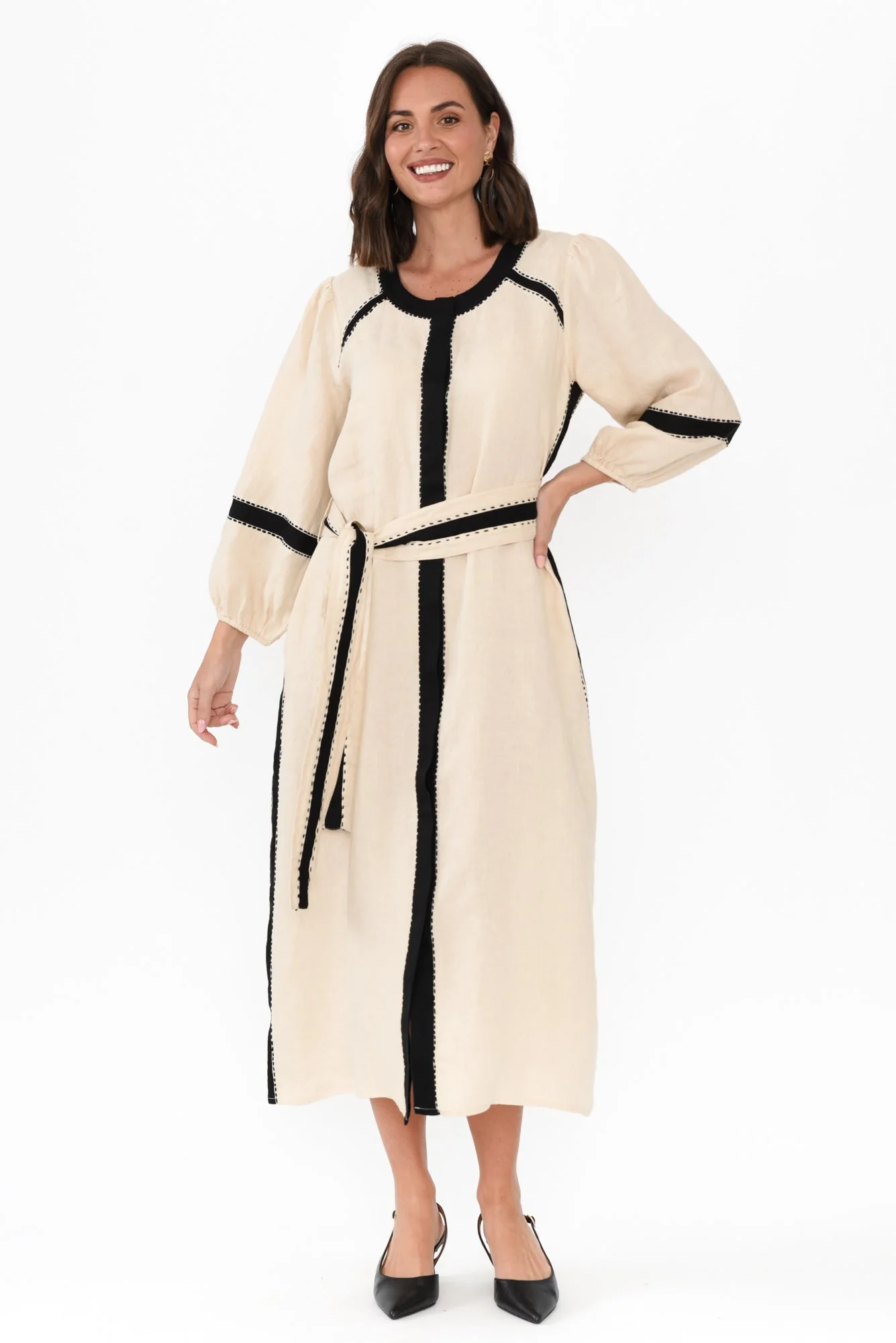 Carolina Cream Contrast Linen Tie Dress - Image 2