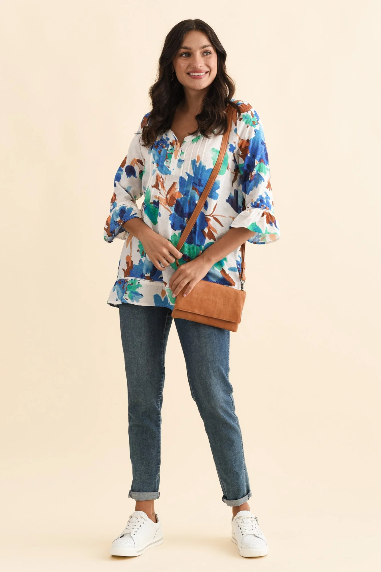 Cassidy Blue Flower Cotton Sleeved Top - Image 3