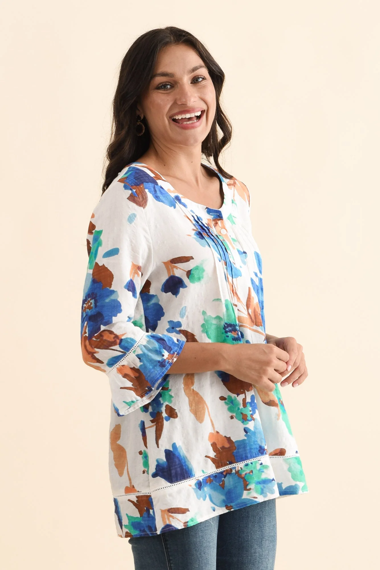 Cassidy Blue Flower Cotton Sleeved Top - Image 4