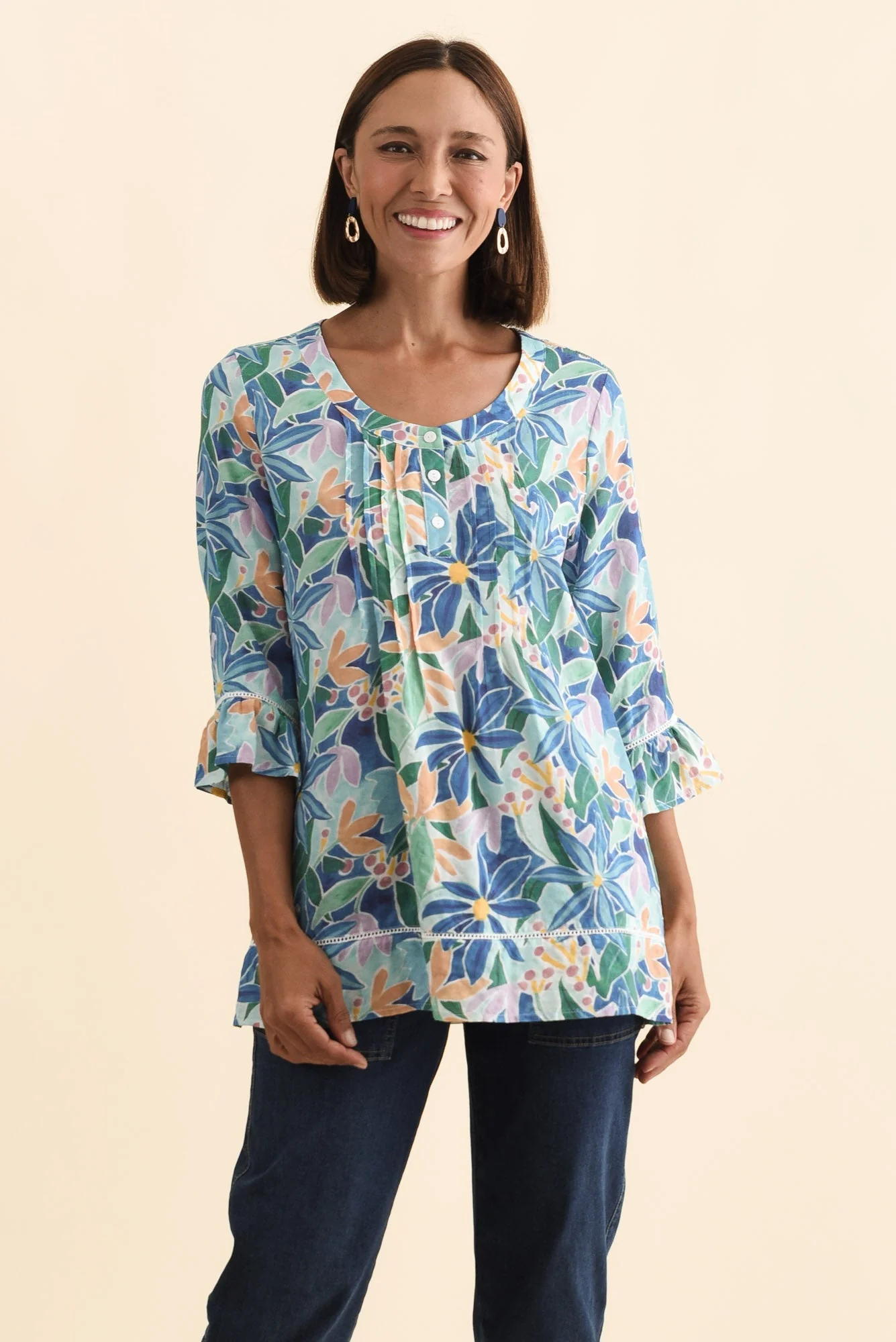 Cassidy Blue Garden Cotton Sleeved Top - Image 2